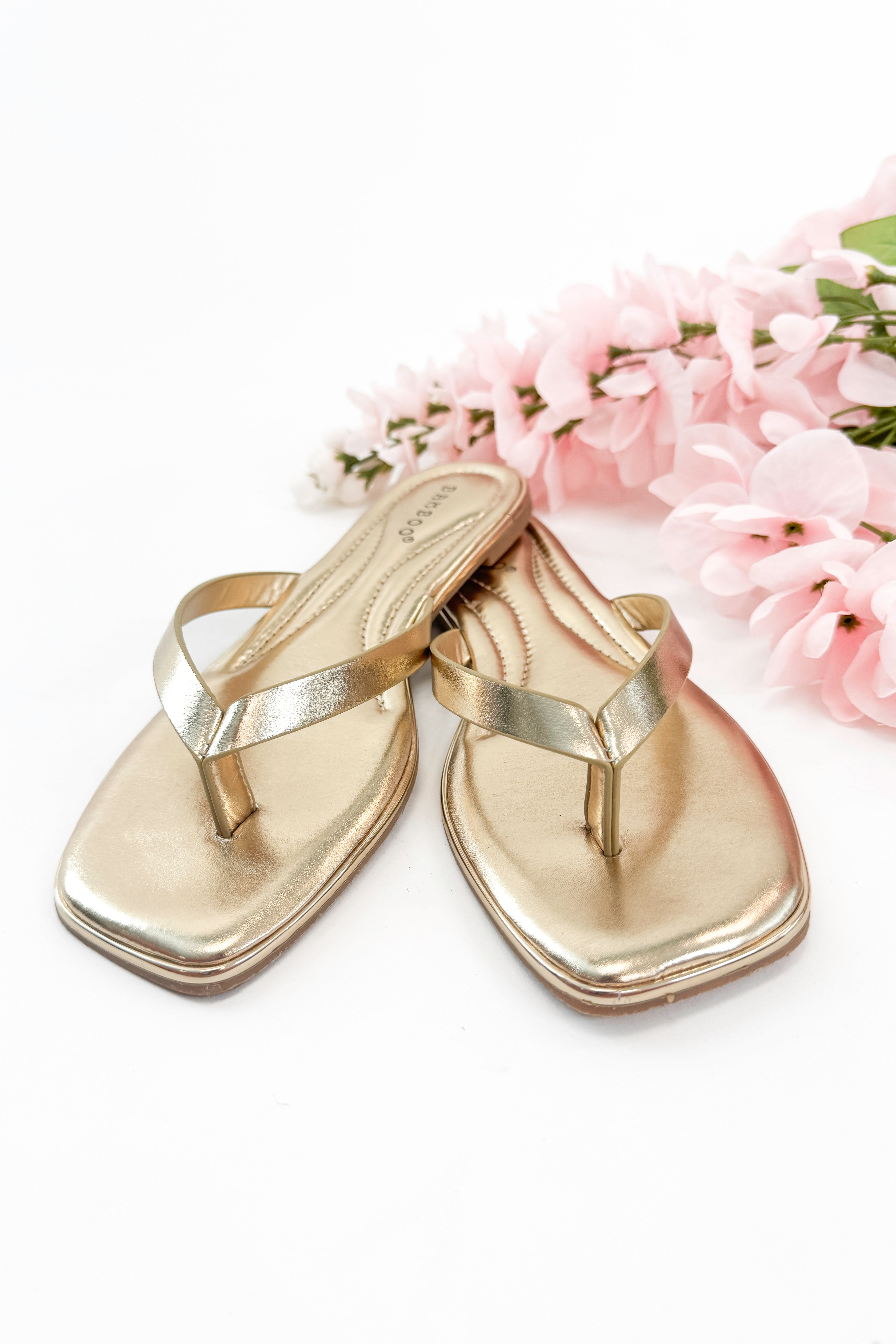 Pointer- Gold Flip Flops against studio background.