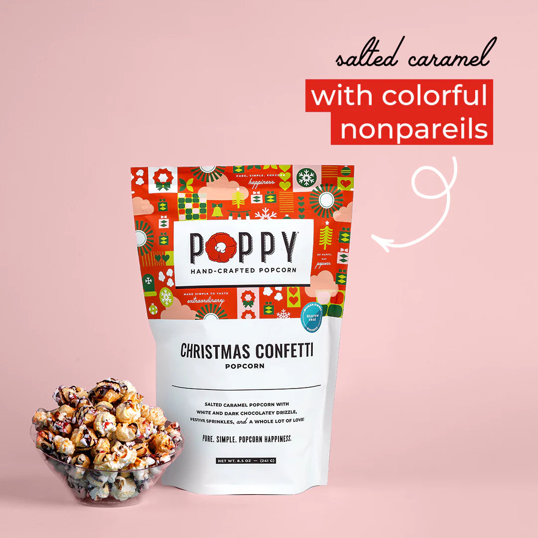Poppy Popcorn Christmas Confetti bag and popcorn shown.