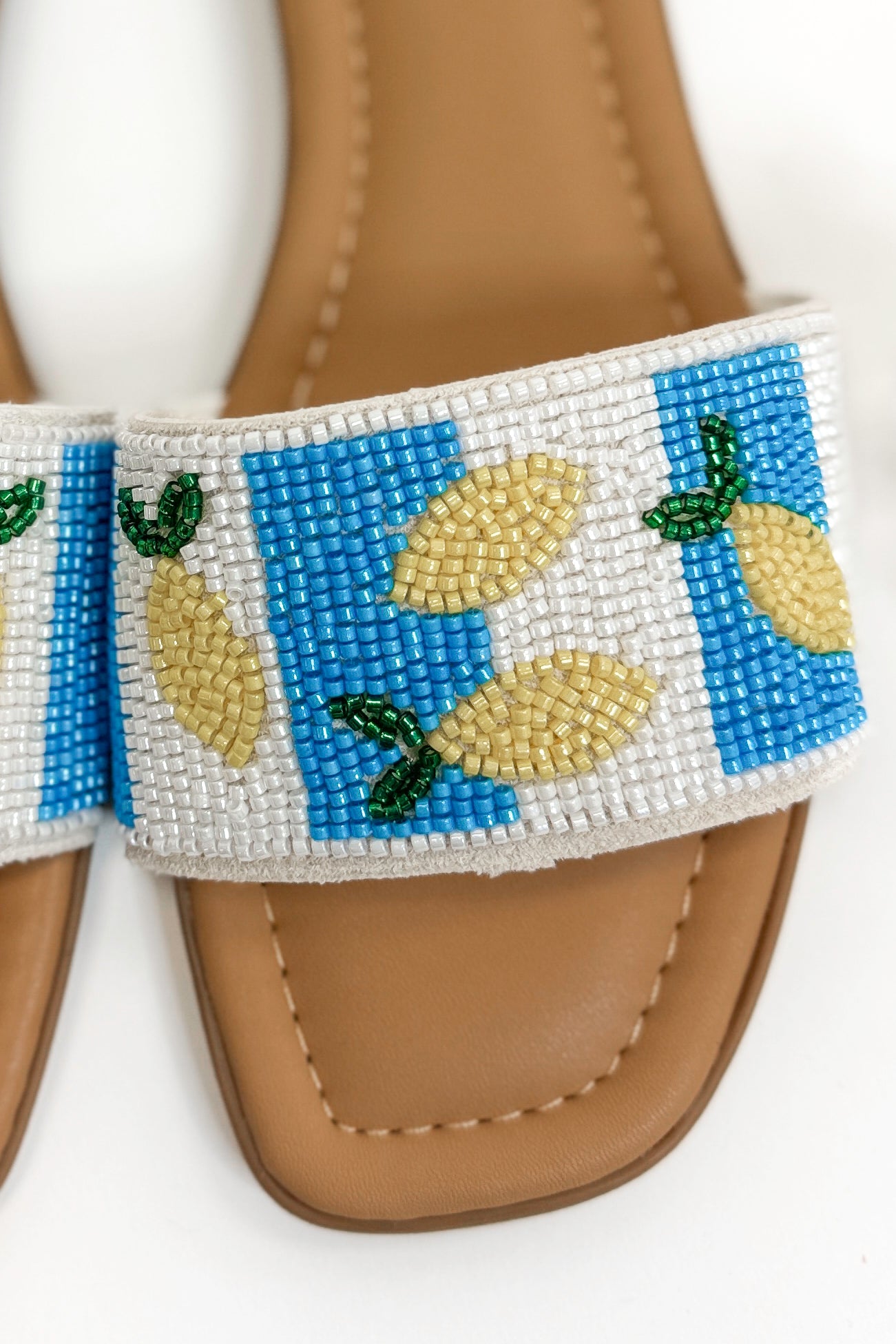 Rae- Blue & White Lemon Beaded Sandals detail view