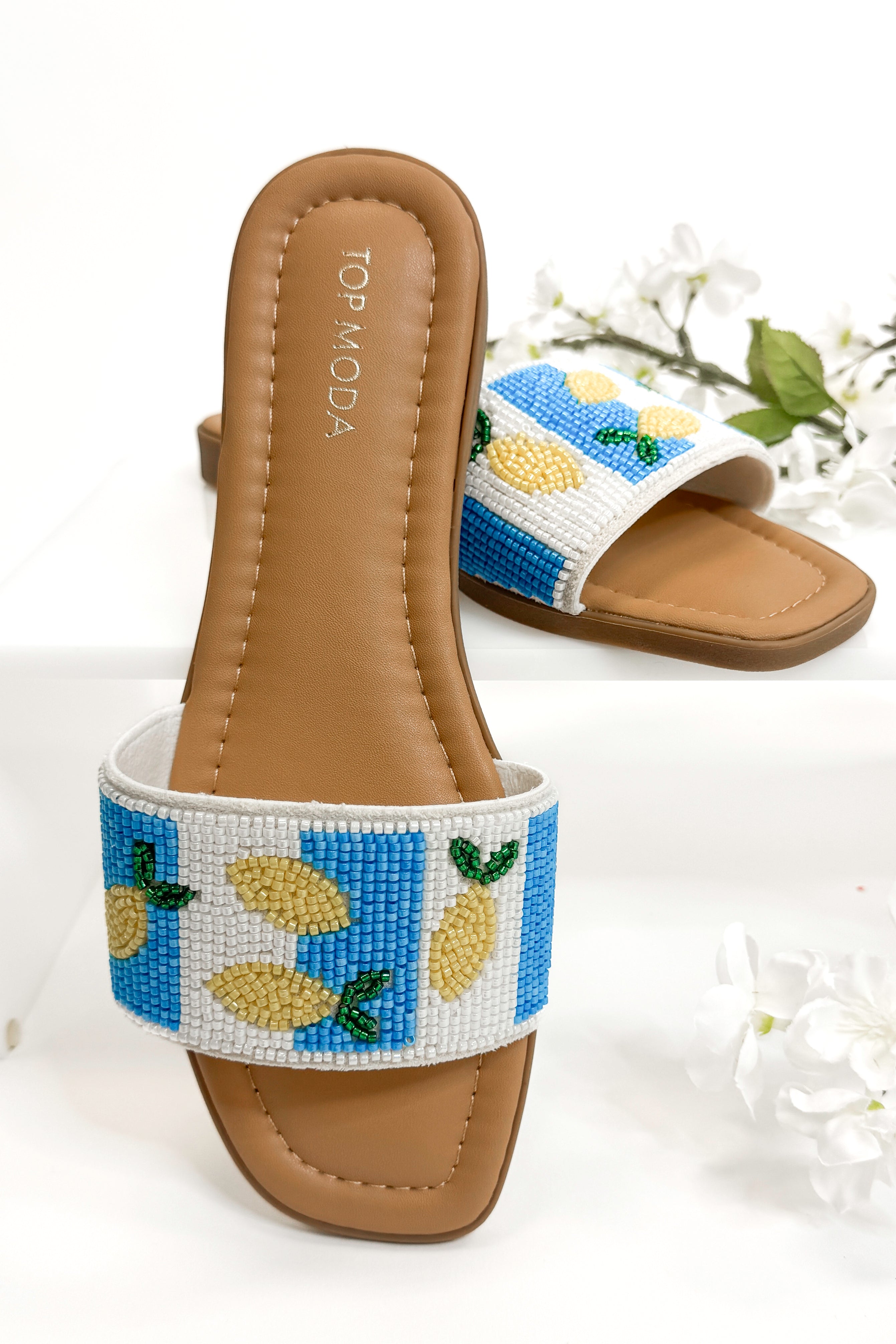 Rae- Blue & White Lemon Beaded Sandals