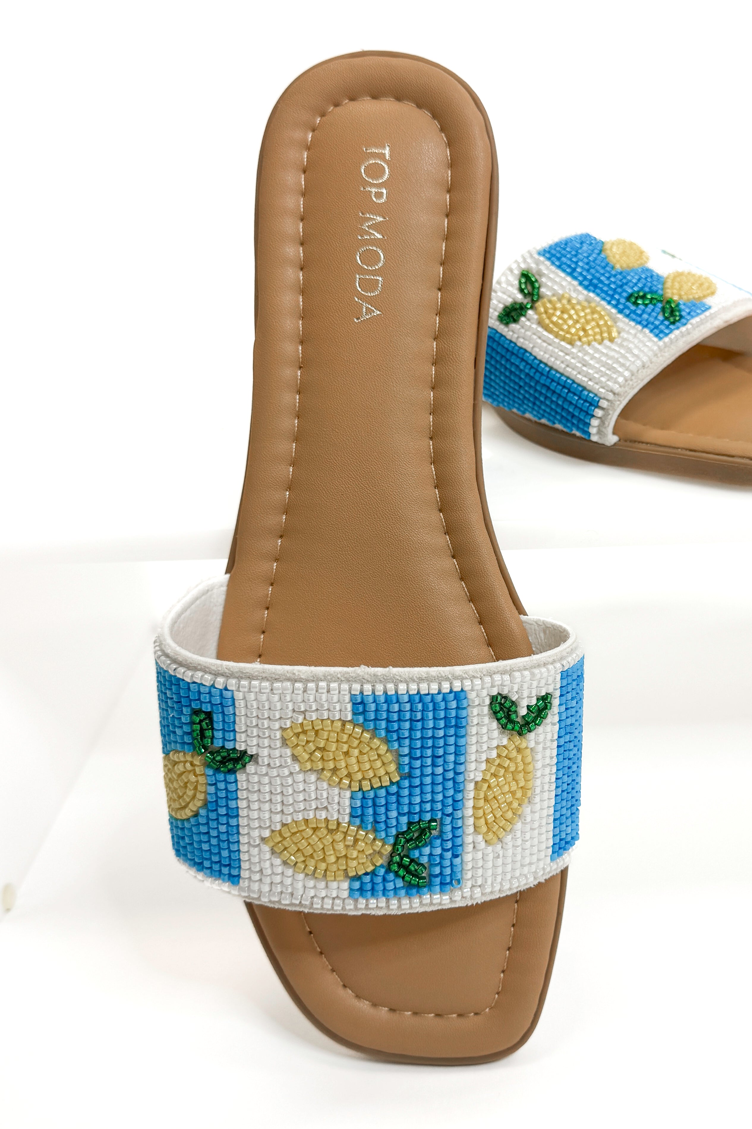 Rae- Blue & White Lemon Beaded Sandals