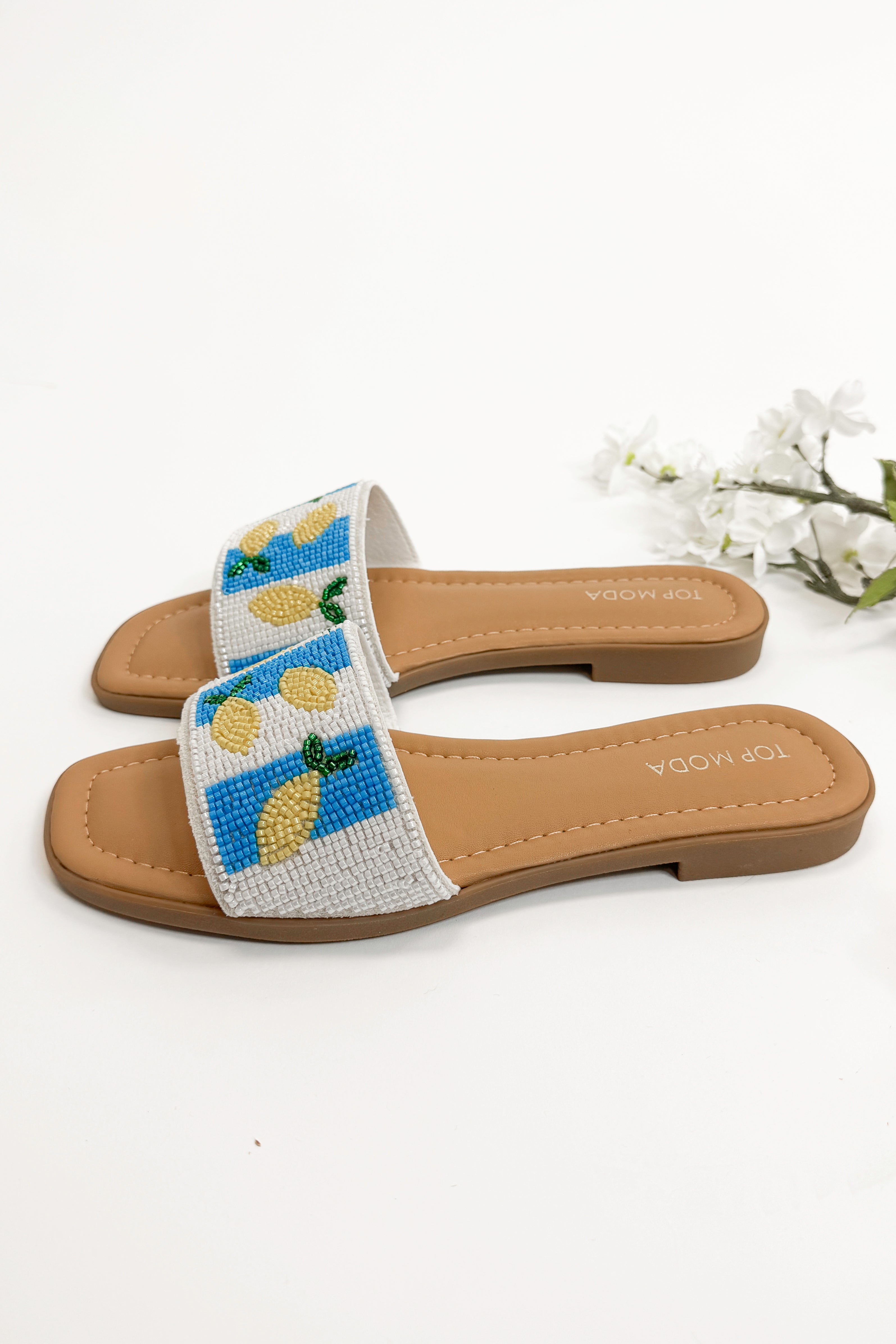 Rae- Blue & White Lemon Beaded Sandals side view