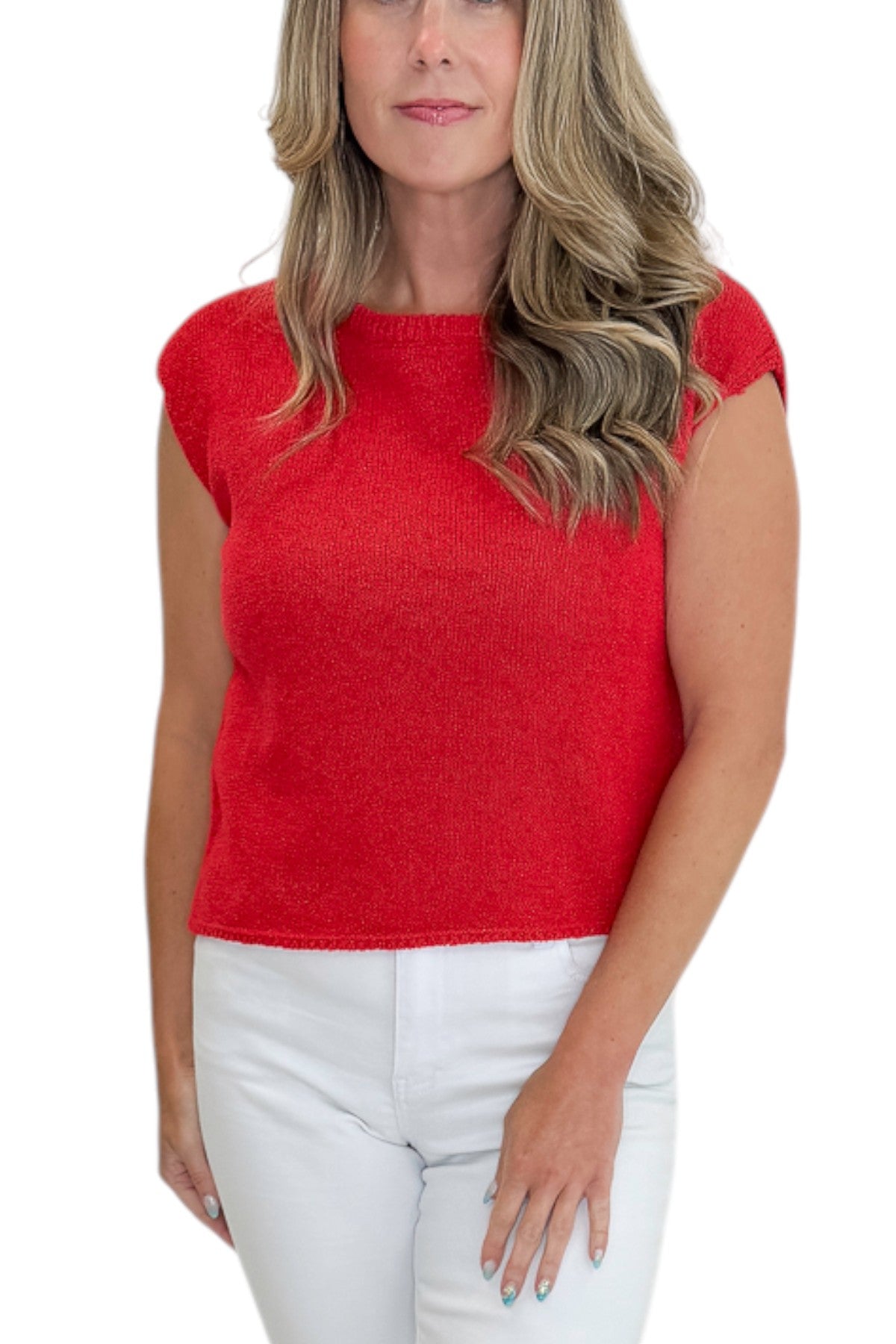Front detail view of woman wearing Swagger Boutique’s Red Cap Sleeve Sweater with jeans against white studio background.