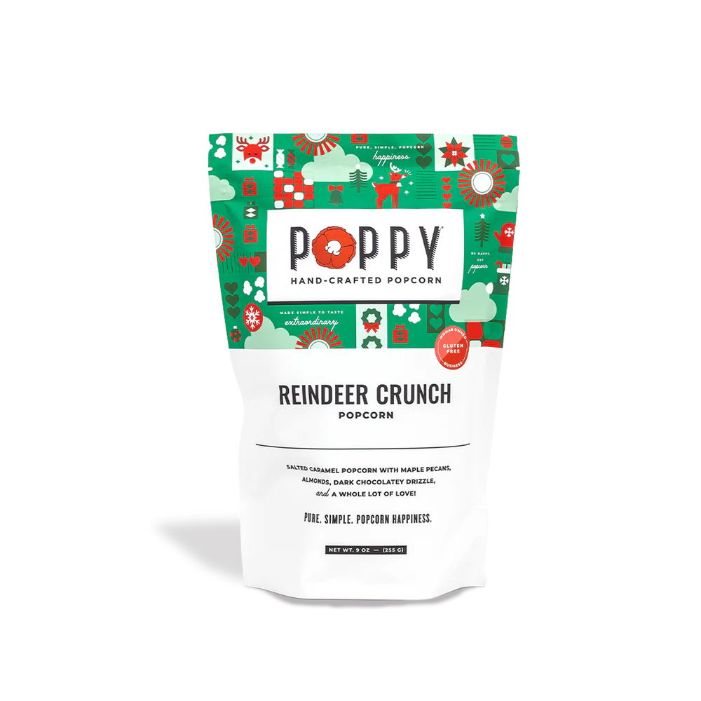 Poppy Popcorn Reindeer Crunch bag shown.