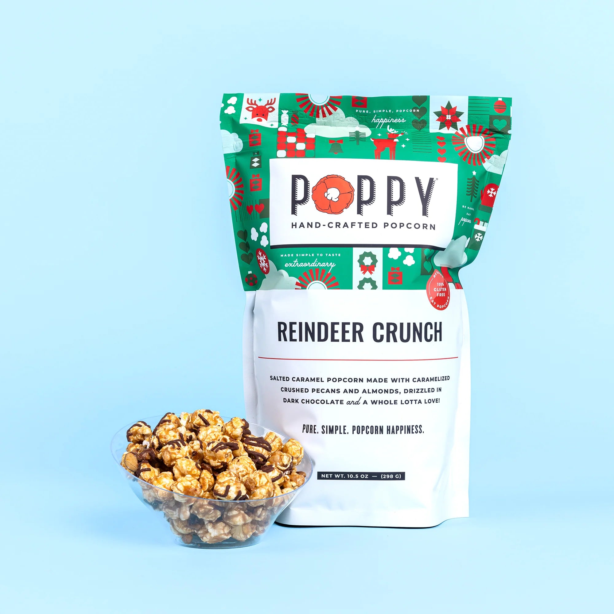 Poppy Popcorn Reindeer Crunch bag and popcorn shown.