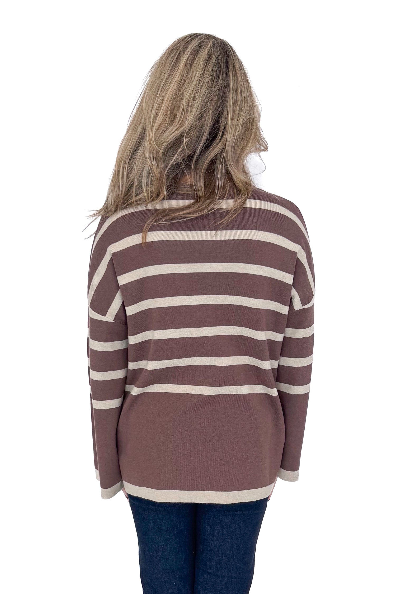Back picture of woman wearing Mocha & Brown Striped Sweater by She + Sky with white background.