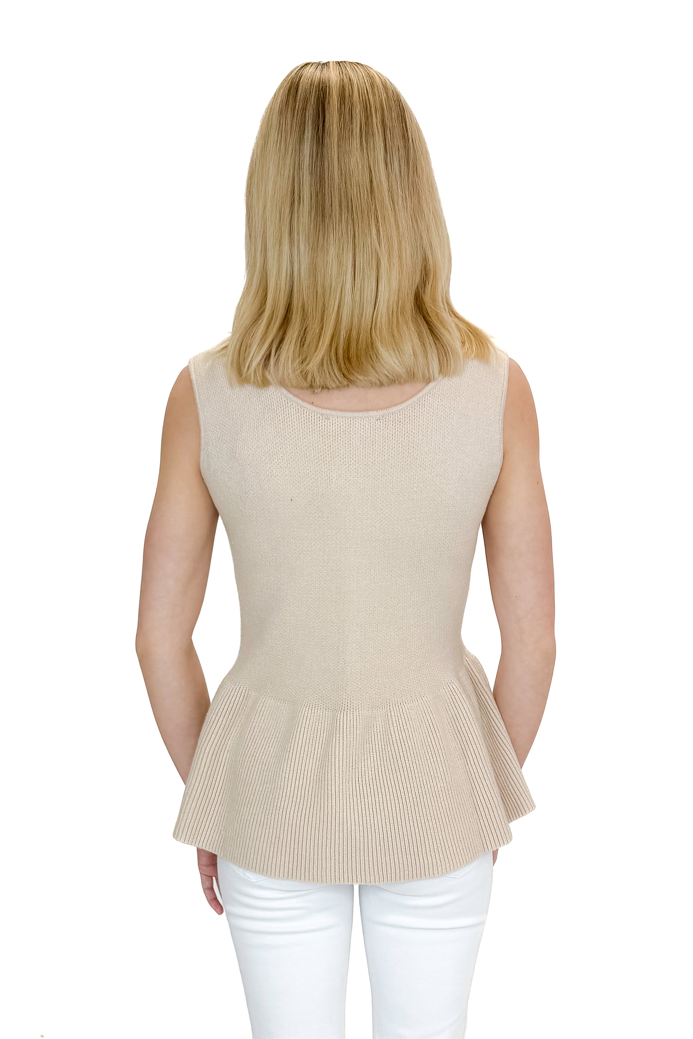 Back view of woman wearing Taupe Peplum Sweater Tank with jeans against white studio background.