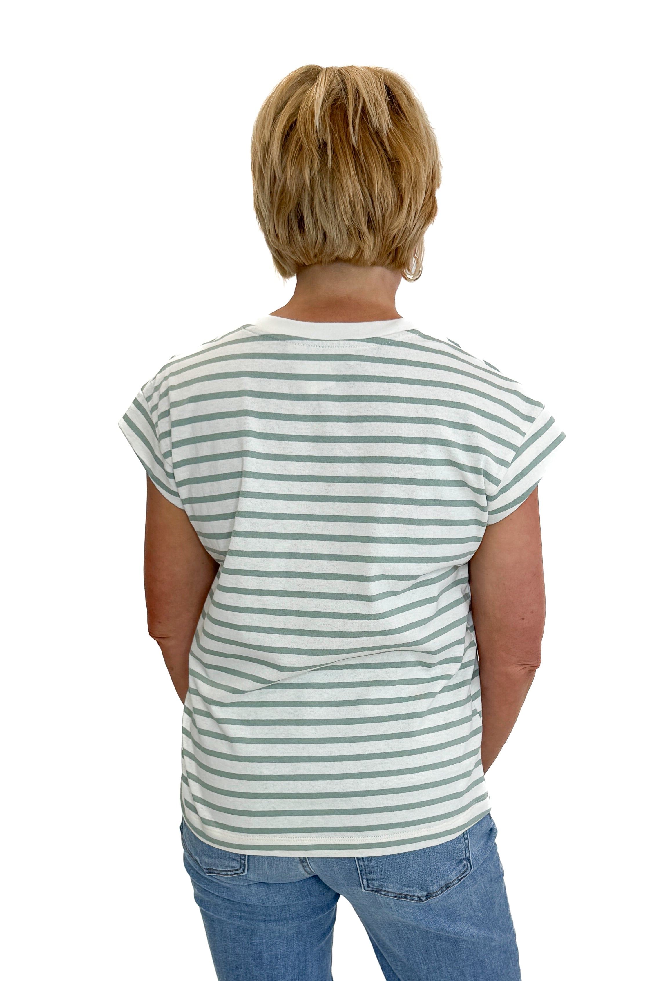 Back view of woman wearing Swagger Boutique’s Sage & Cream Stripe Cap Sleeve Tee with jeans against white studio background.