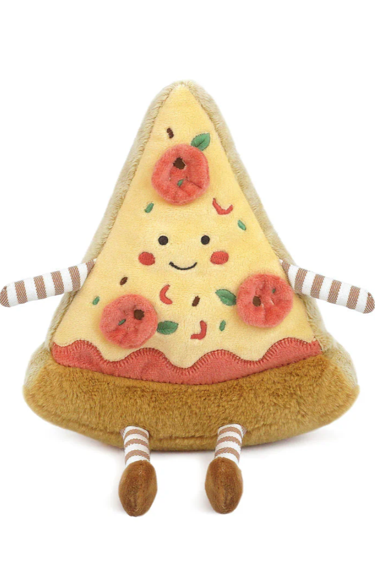 Plush toy shaped like a pizza slice with a smiling face on a white background