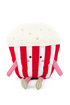 Plush toy resembling a popcorn container with a face on a white background