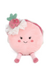 Pink plush toy resembling a macaron with a strawberry on a white background