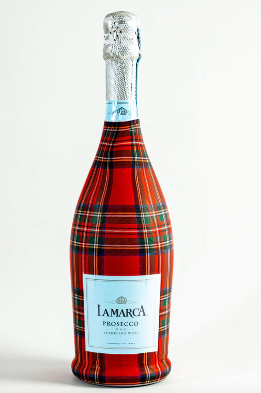 Bottle of Prosecco with plaid design on a white background