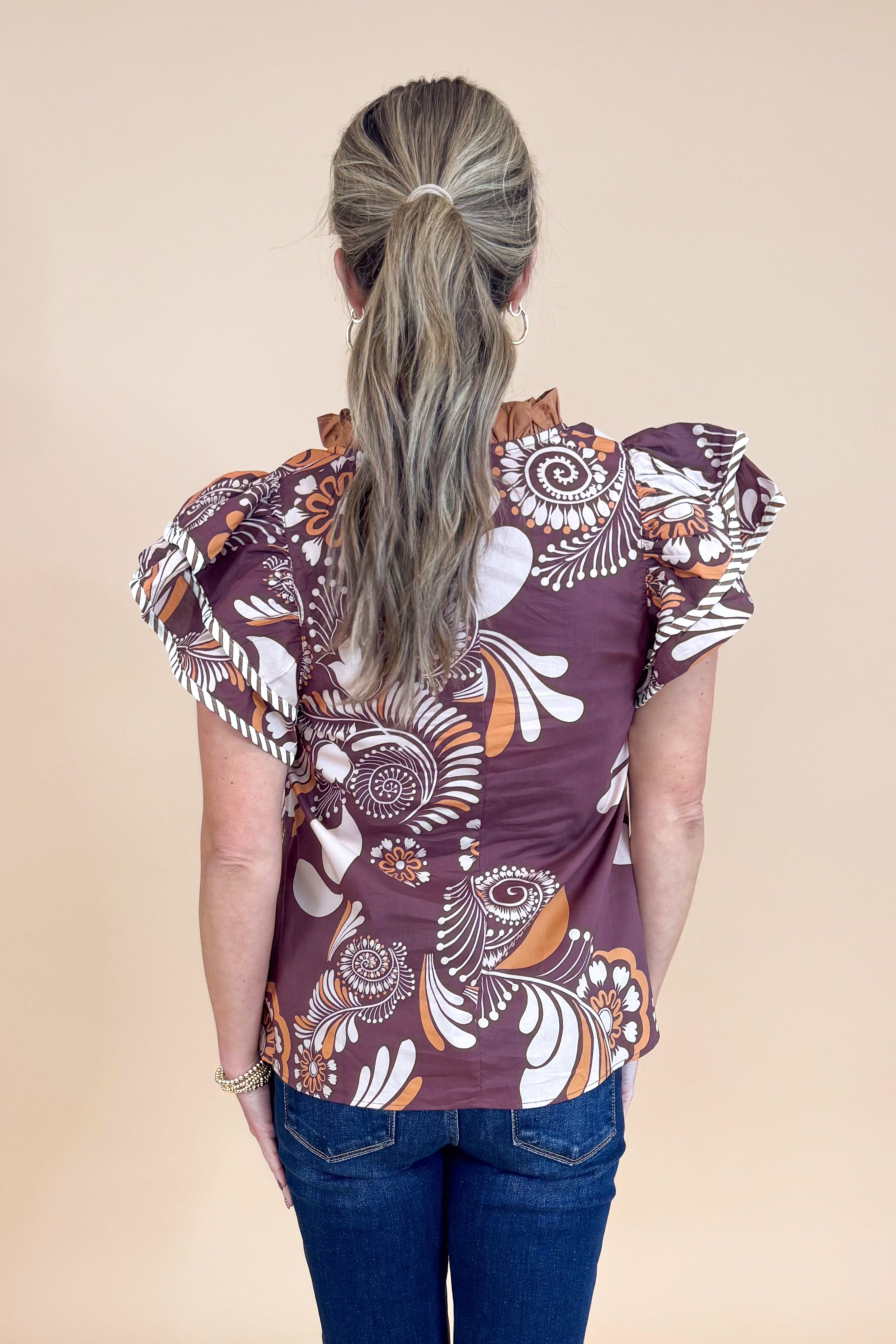 Sweet Thing Brown & Rust Printed Flutter Sleeve Top by Entro