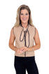 Woman wearing a beige vest with black trim on a white background