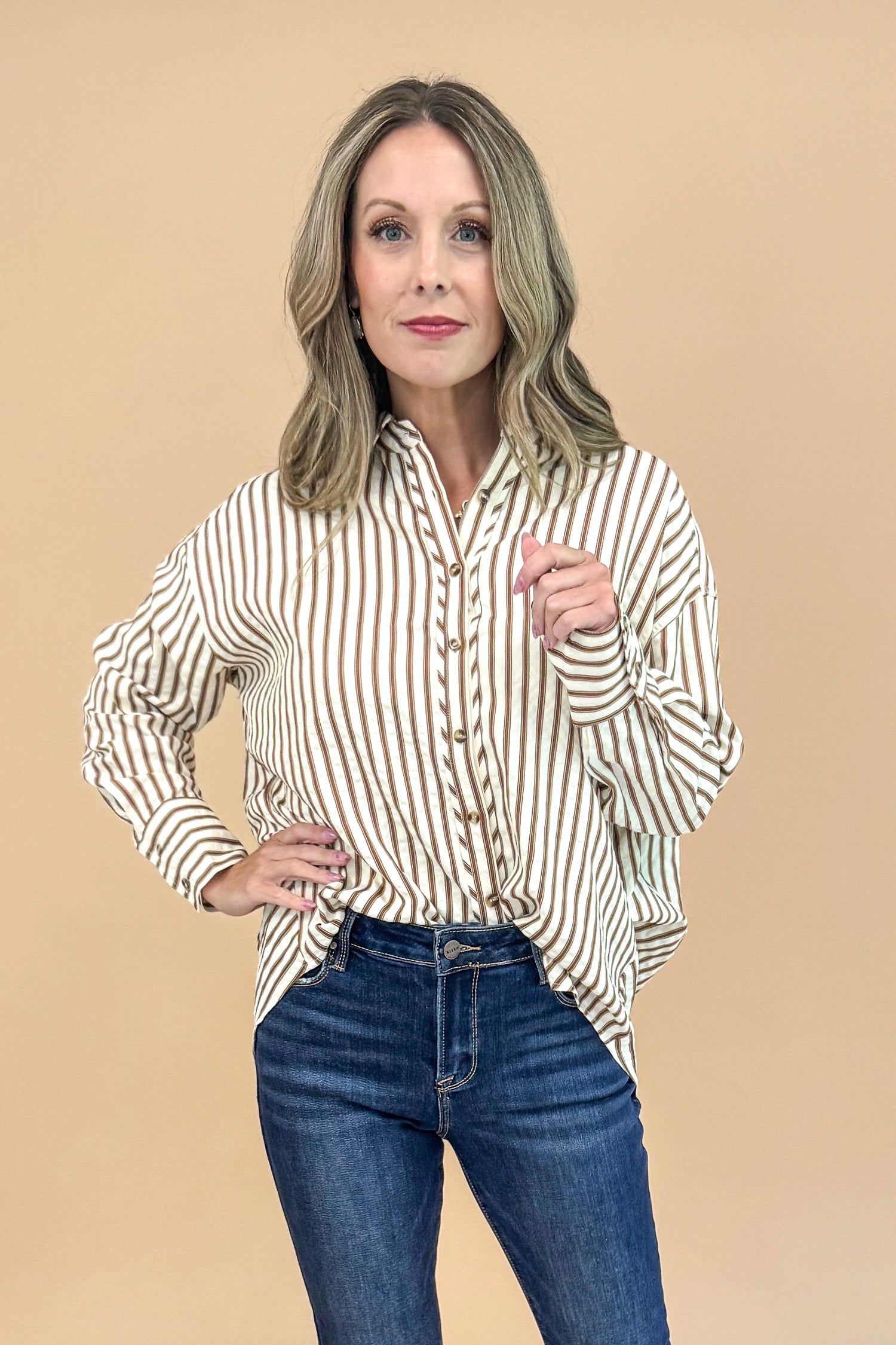 Wilder Than Ever Brown and Ecru Striped Button Up Top