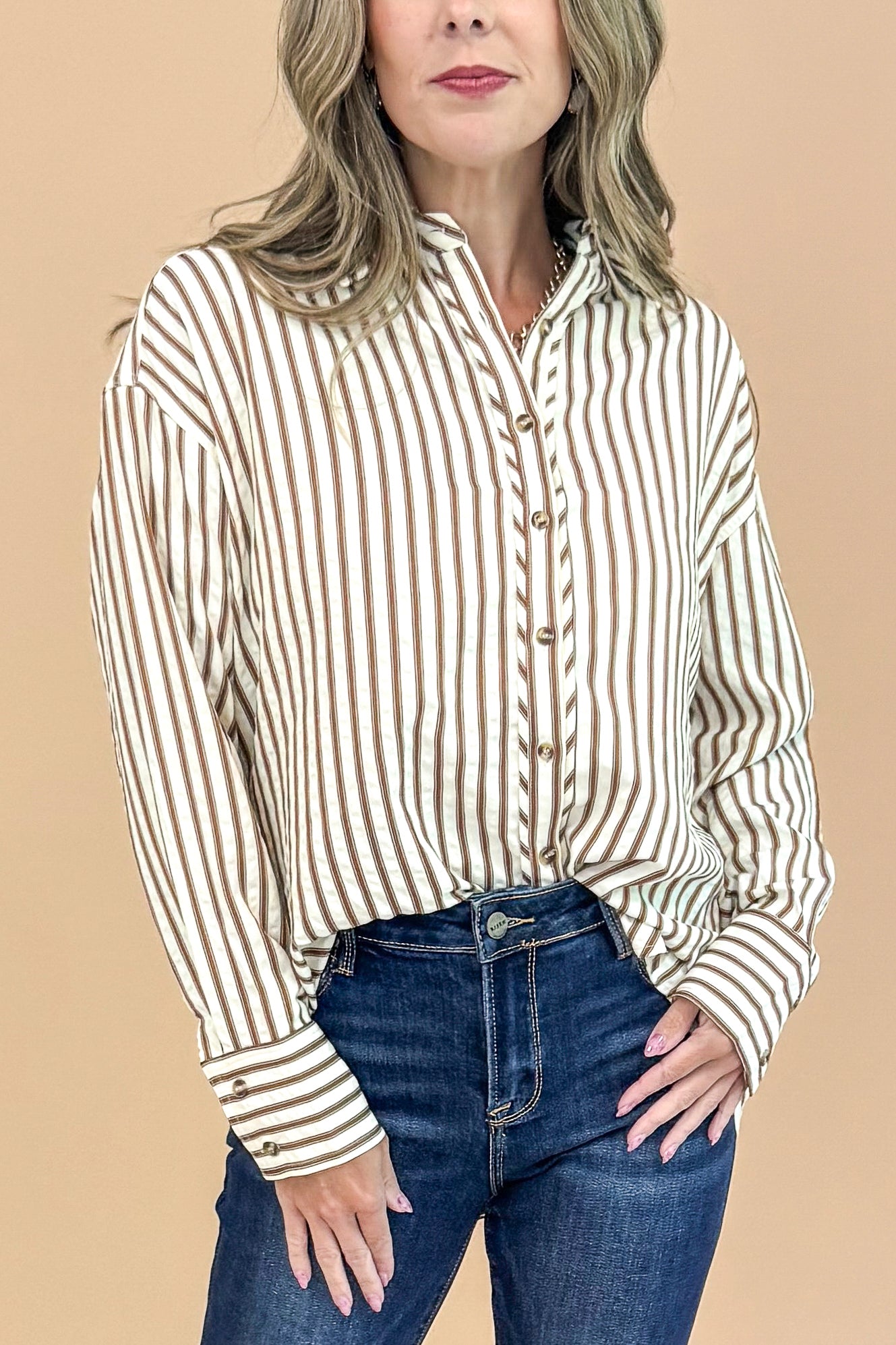 Wilder Than Ever Brown and Ecru Striped Button Up Top