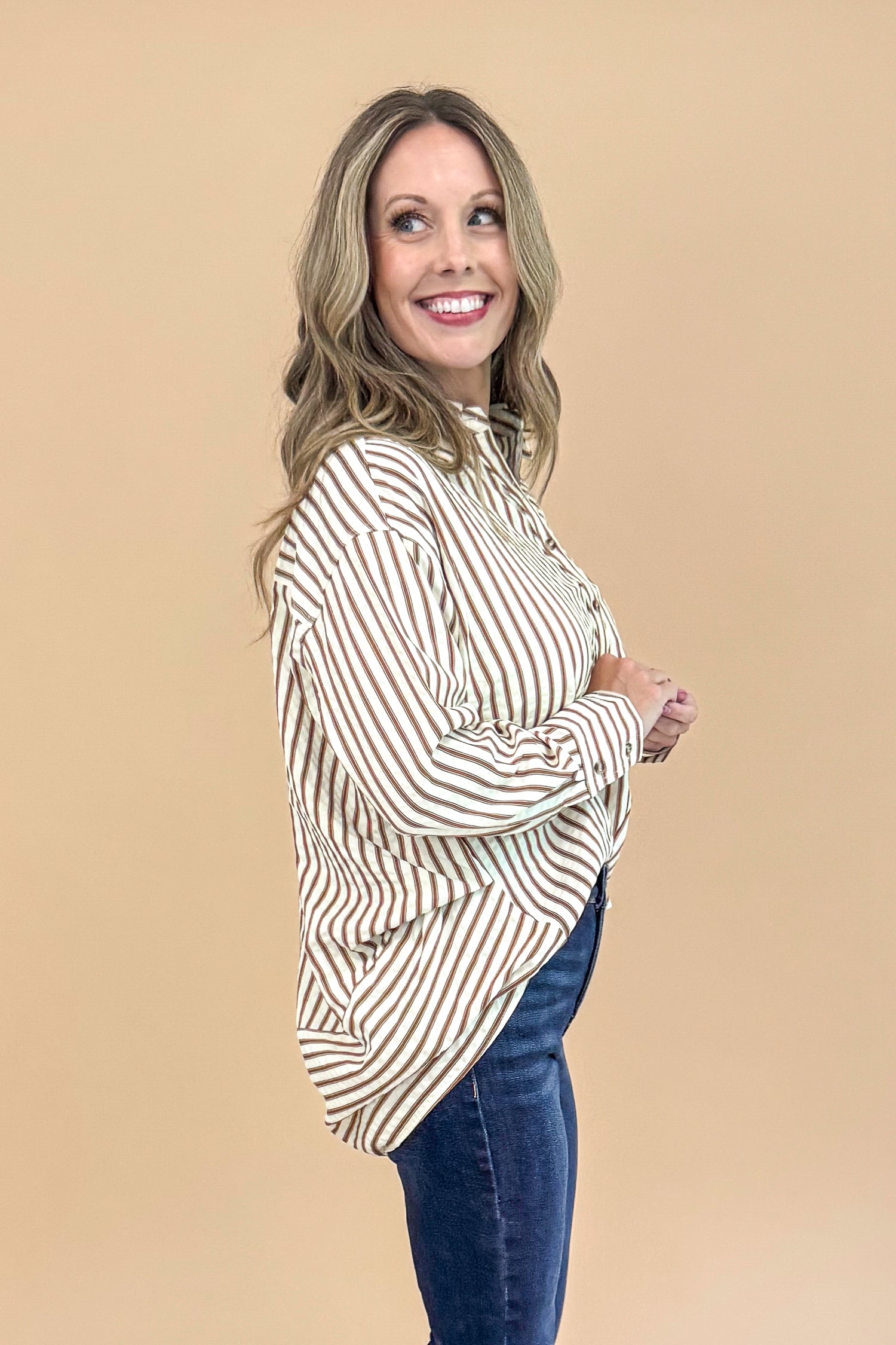 Wilder Than Ever Brown and Ecru Striped Button Up Top