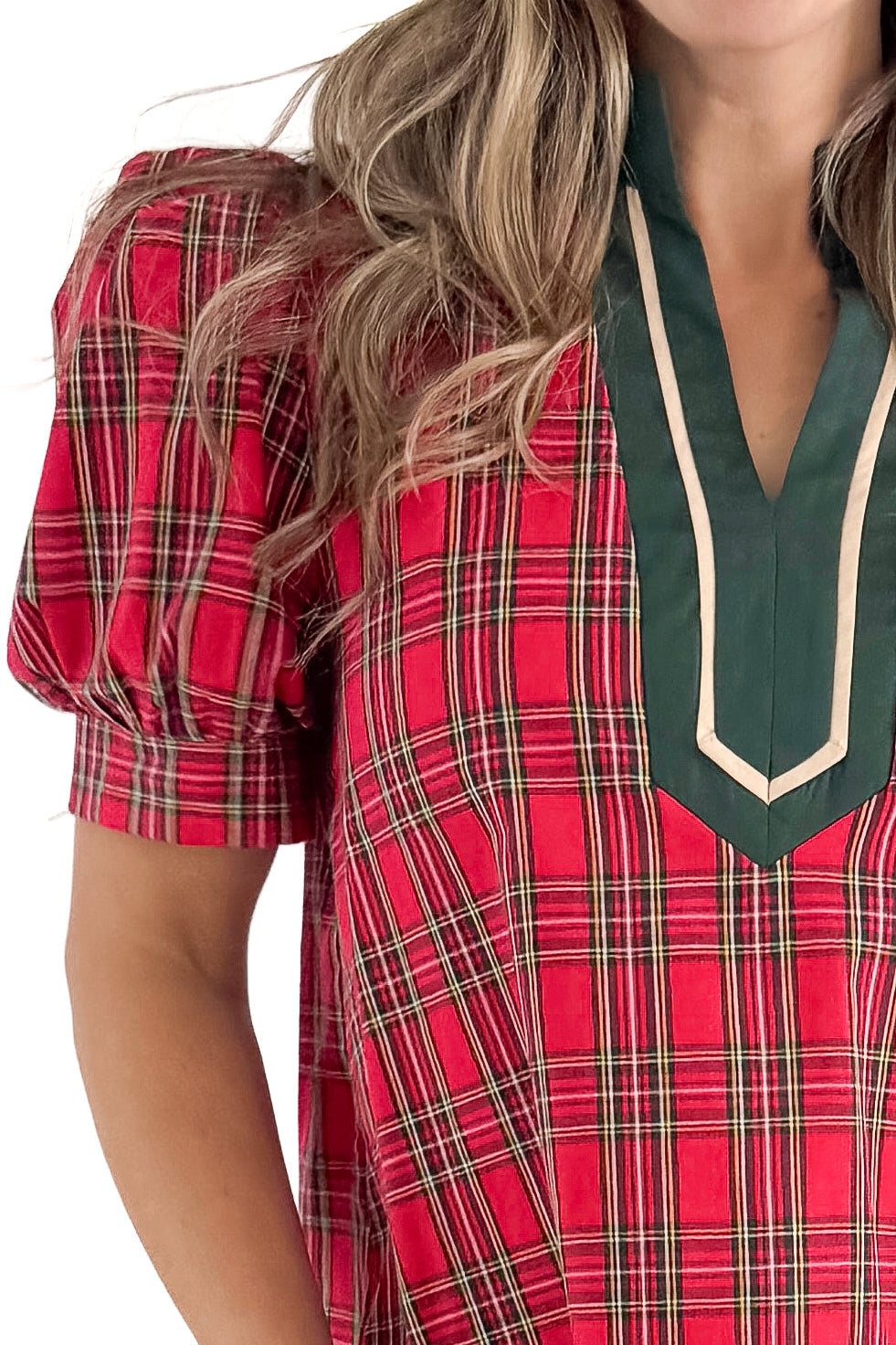 Front detailed view of woman wearing Red Tartan With Green V-neck Detail Top against white studio background.