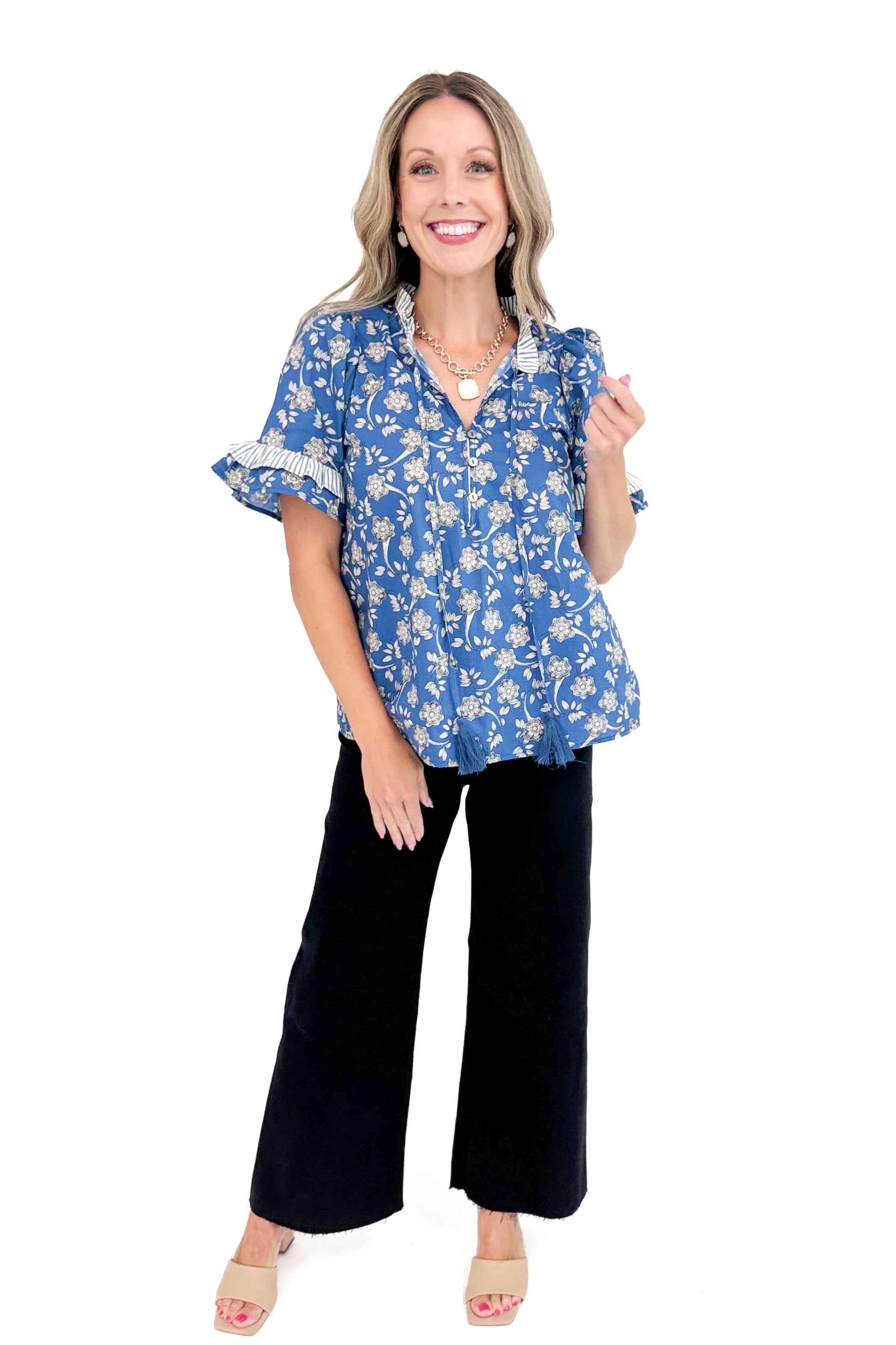 Freshly Brewed Blue Floral & Stripe Detail V-neck Short Sleeve Top