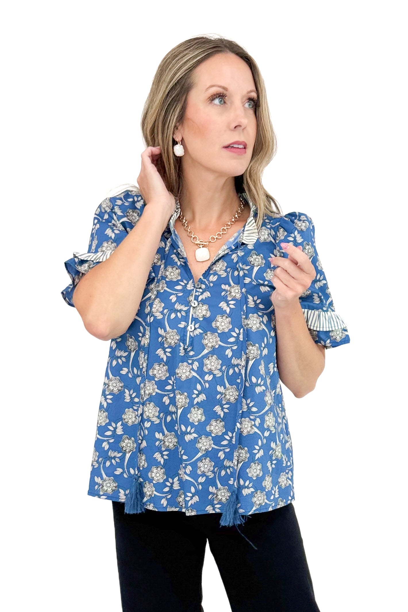 Freshly Brewed Blue Floral & Stripe Detail V-neck Short Sleeve Top