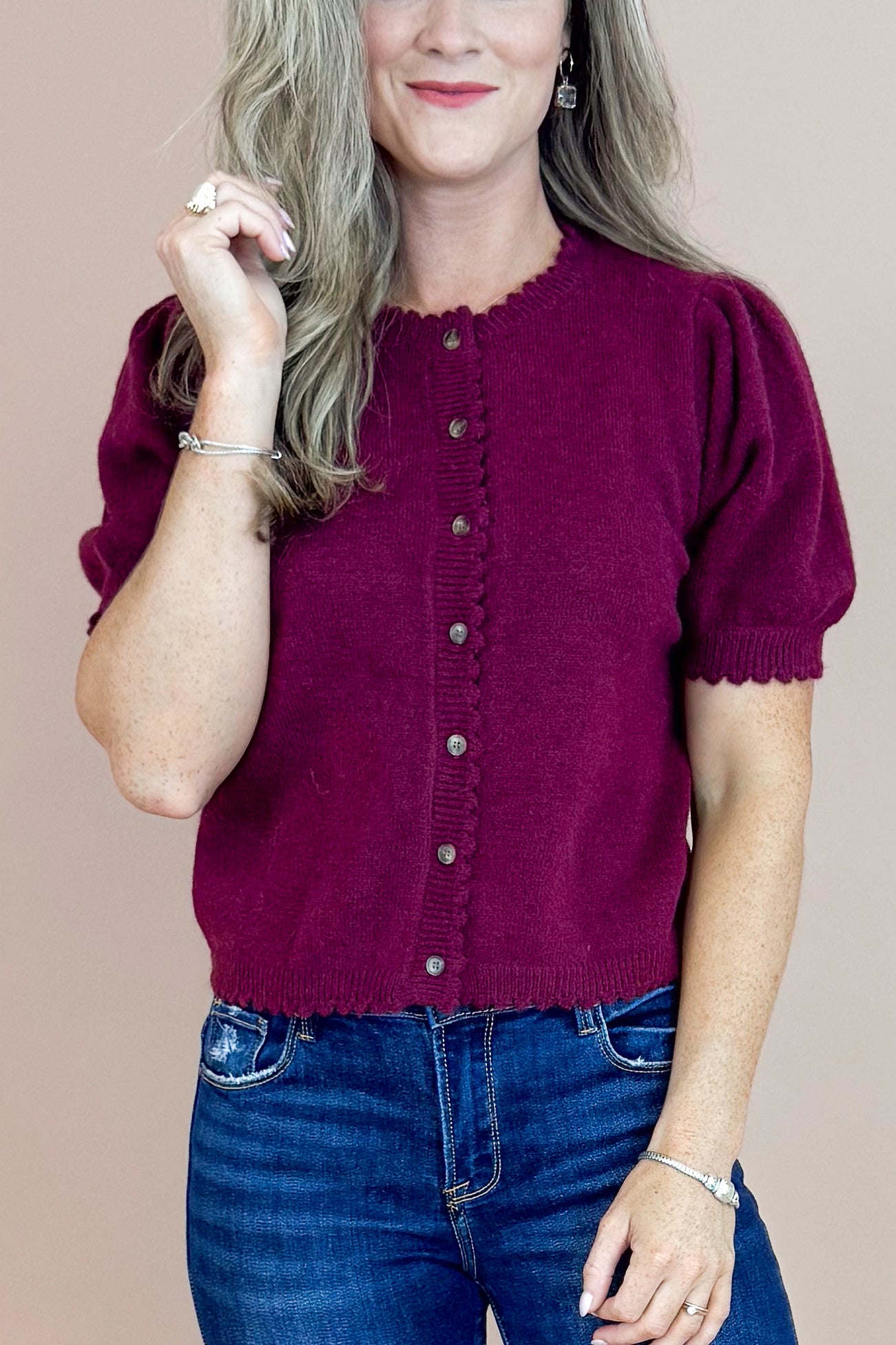 Merlot Mood Wine Scallop Detail Short Sleeve Cardigan by Entro