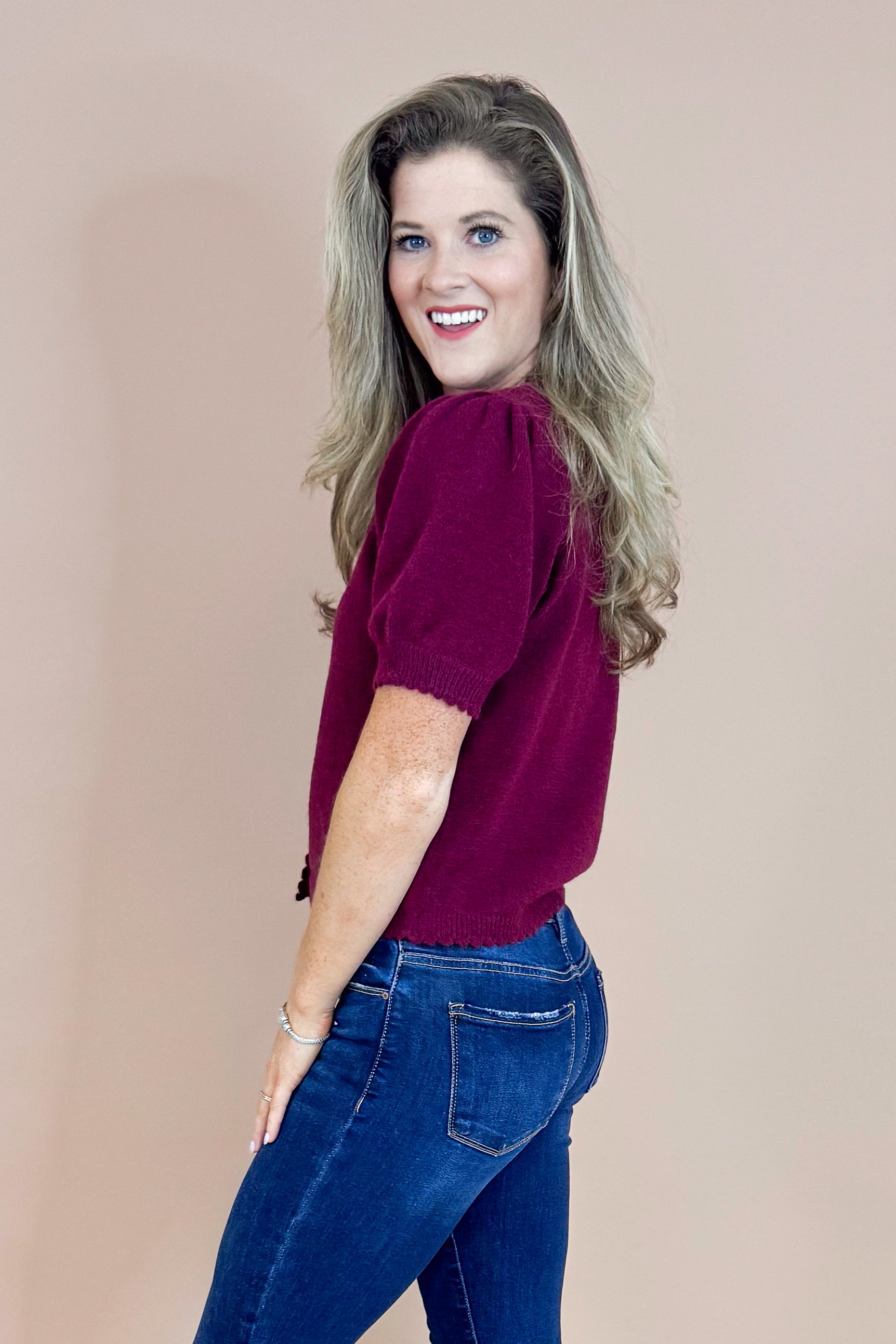 Merlot Mood Wine Scallop Detail Short Sleeve Cardigan by Entro