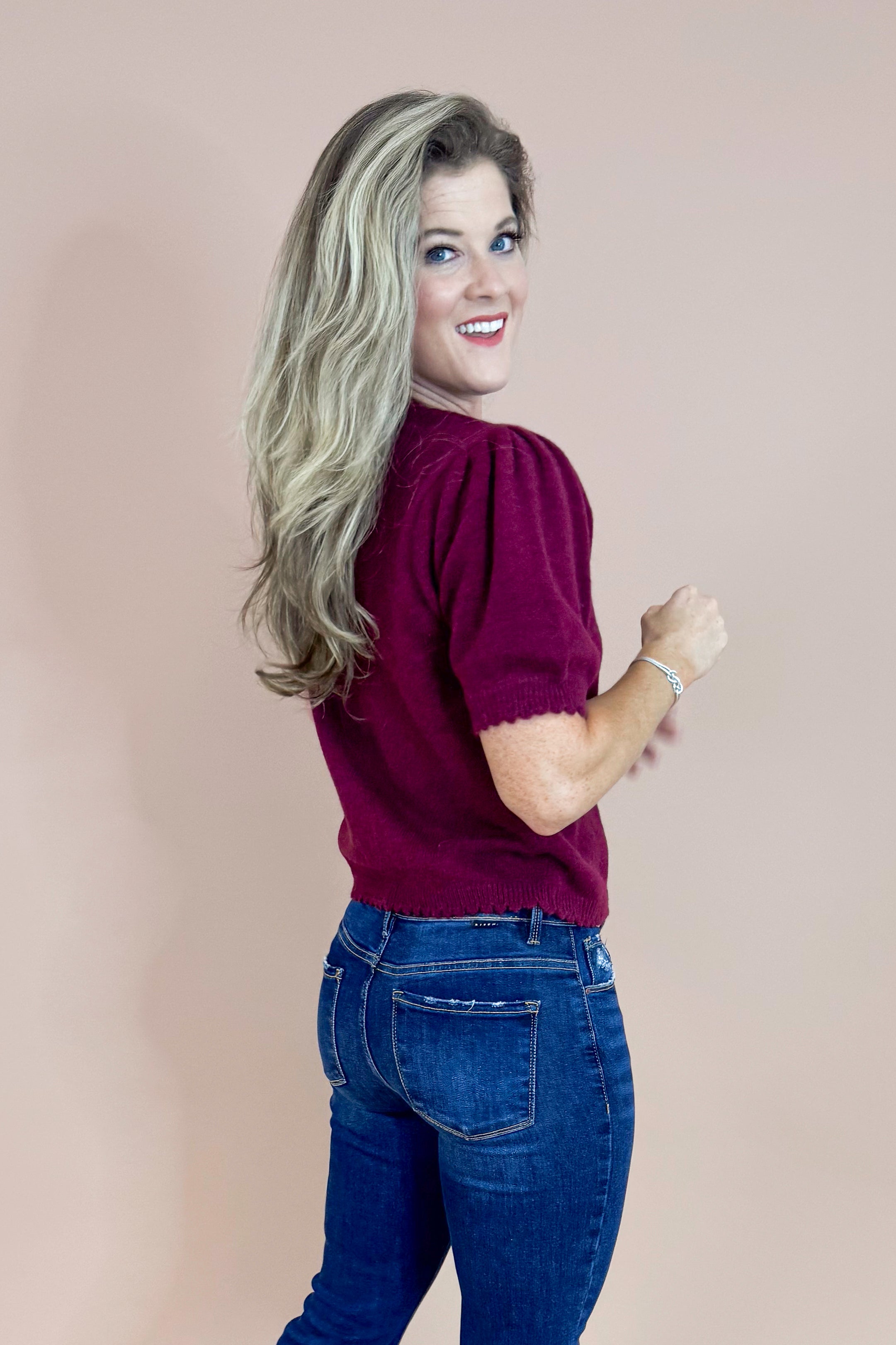 Merlot Mood Wine Scallop Detail Short Sleeve Cardigan by Entro