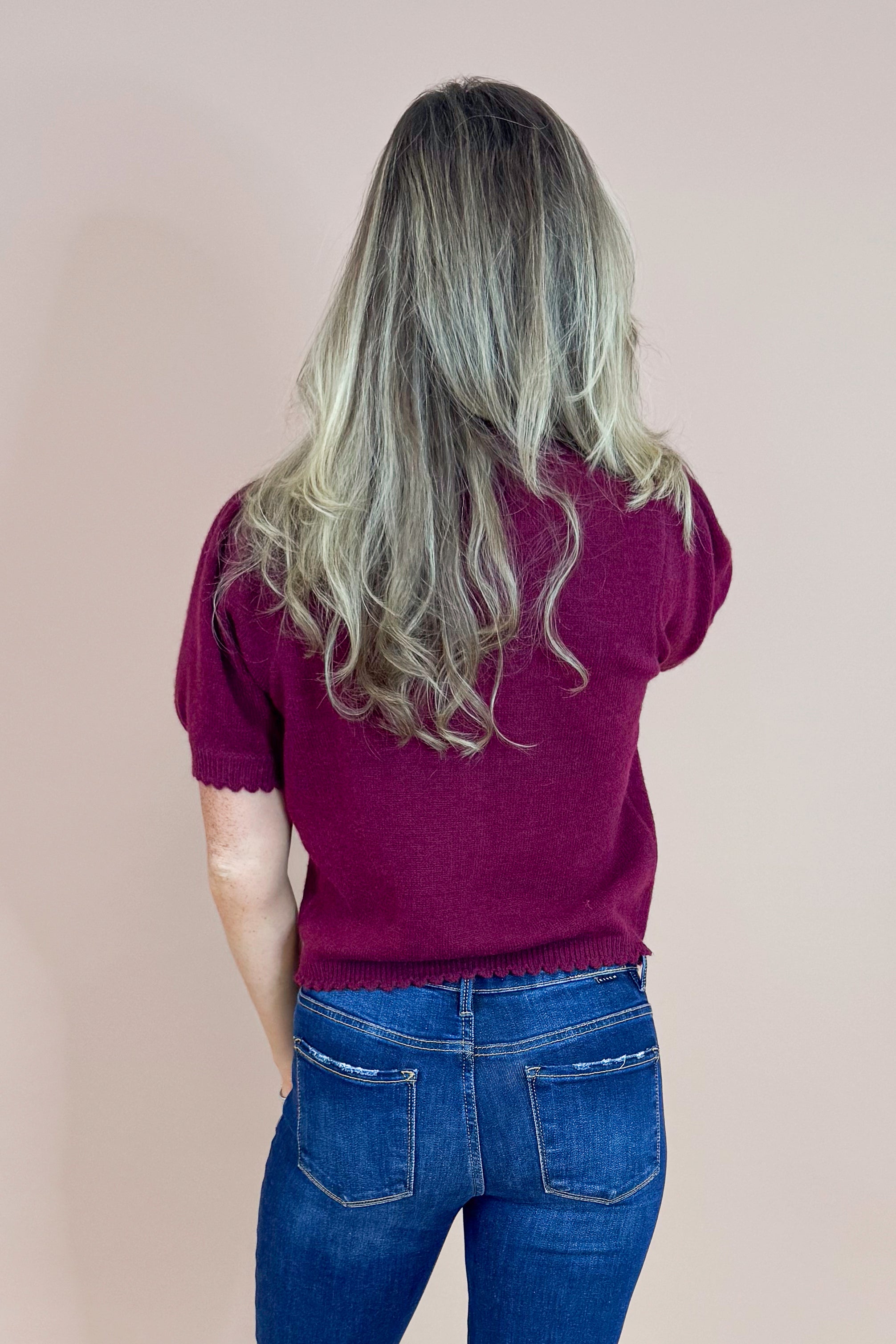 Merlot Mood Wine Scallop Detail Short Sleeve Cardigan by Entro
