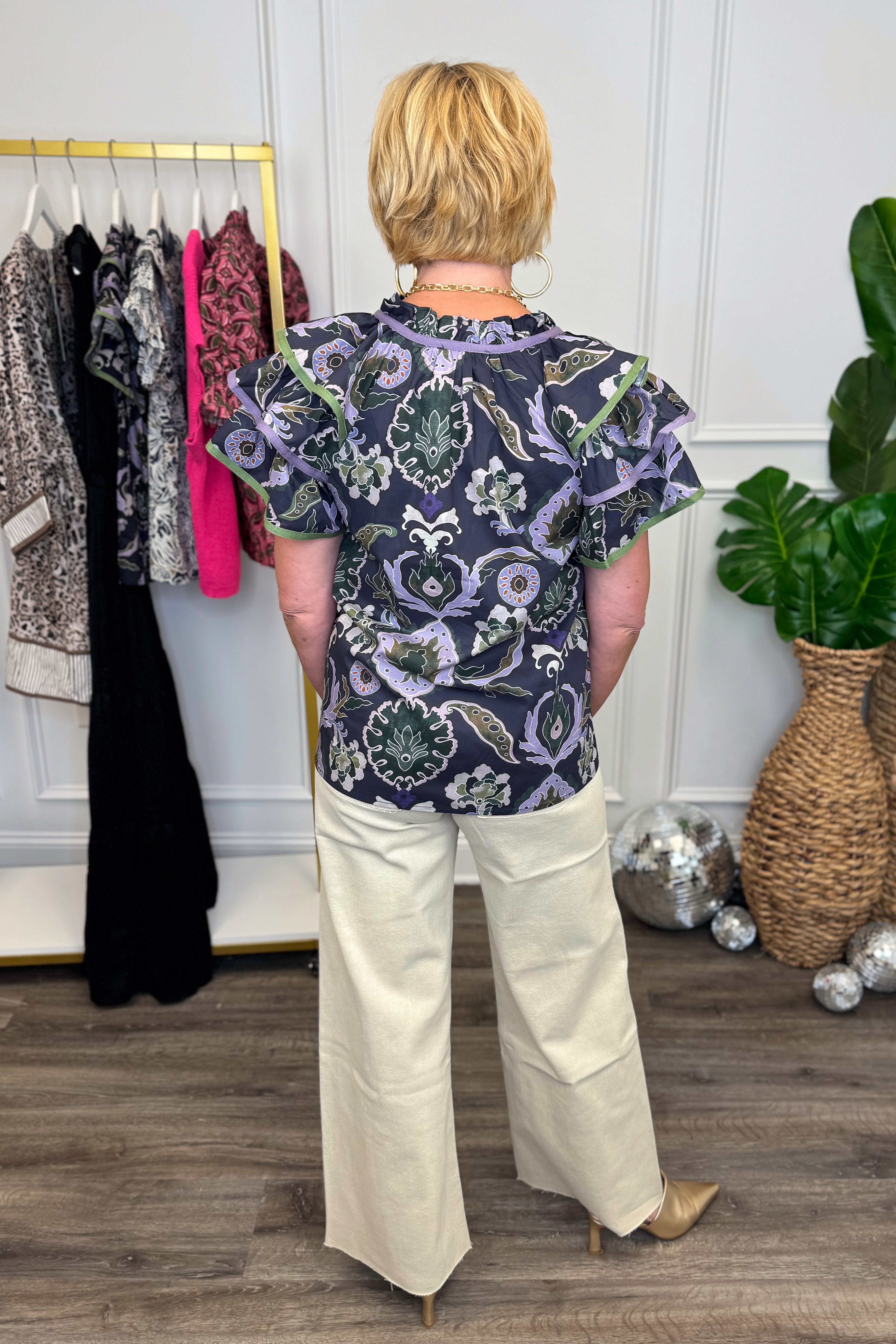 Enchanted Evenings Purple & Multi Printed Flutter Sleeve Top by Entro