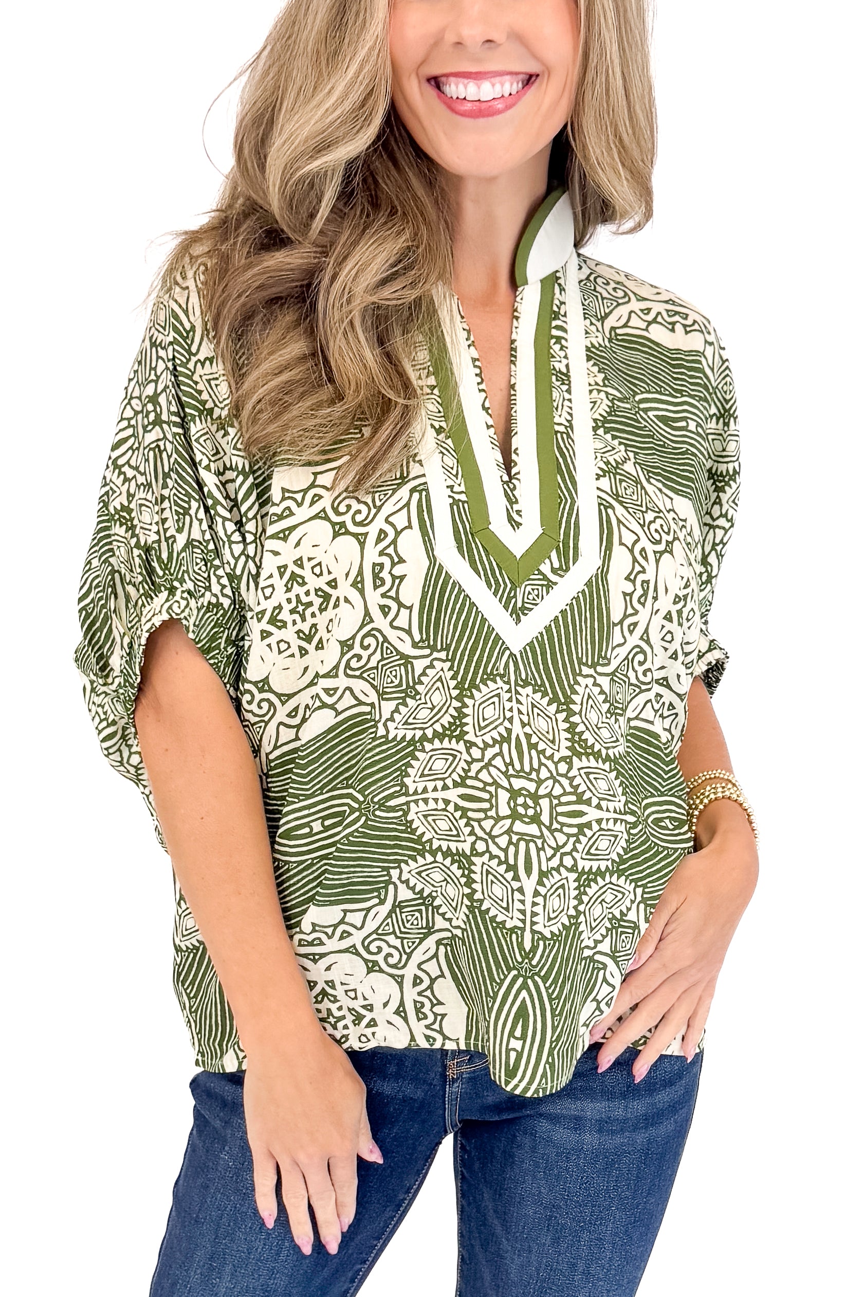 Keep It Cool Olive Abstract Print With V-neck Lining Detail Top