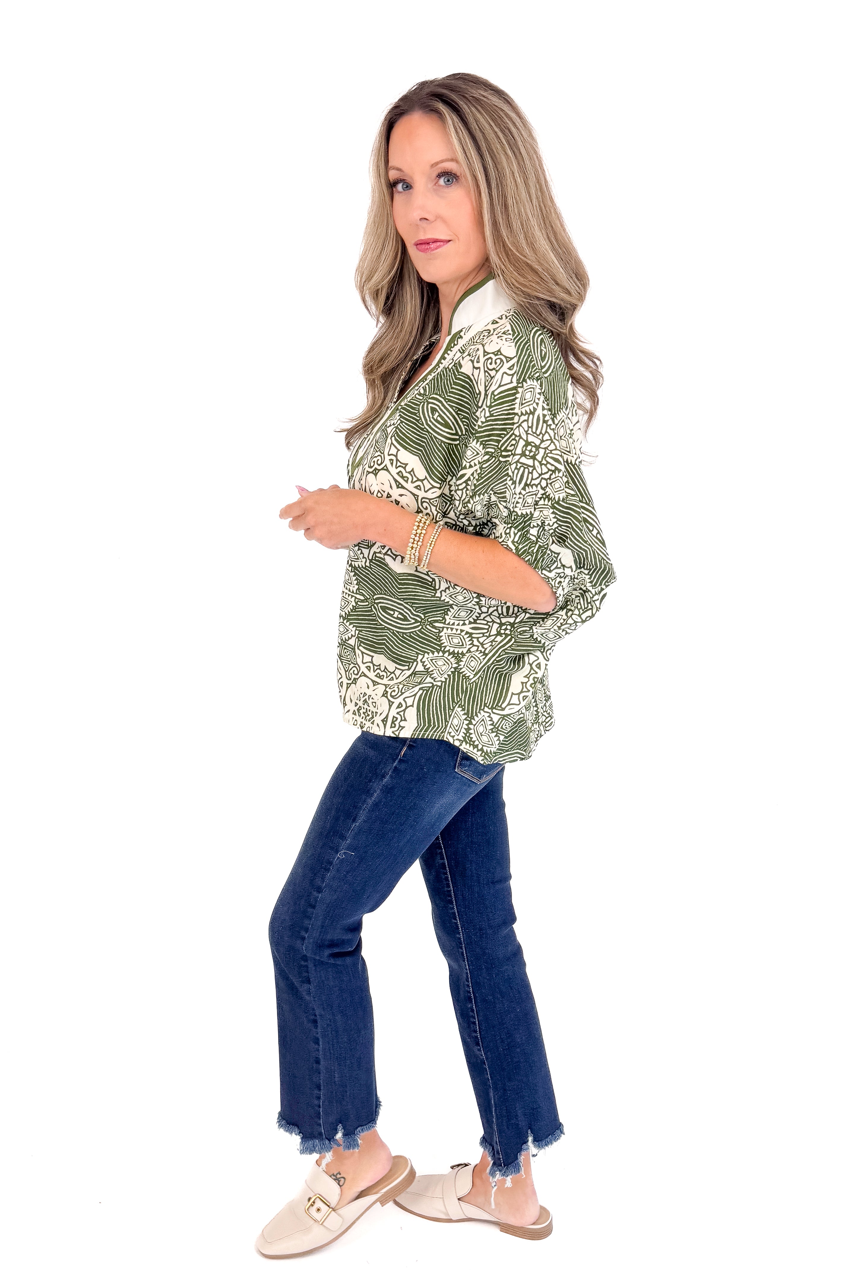 Keep It Cool Olive Abstract Print With V-neck Lining Detail Top