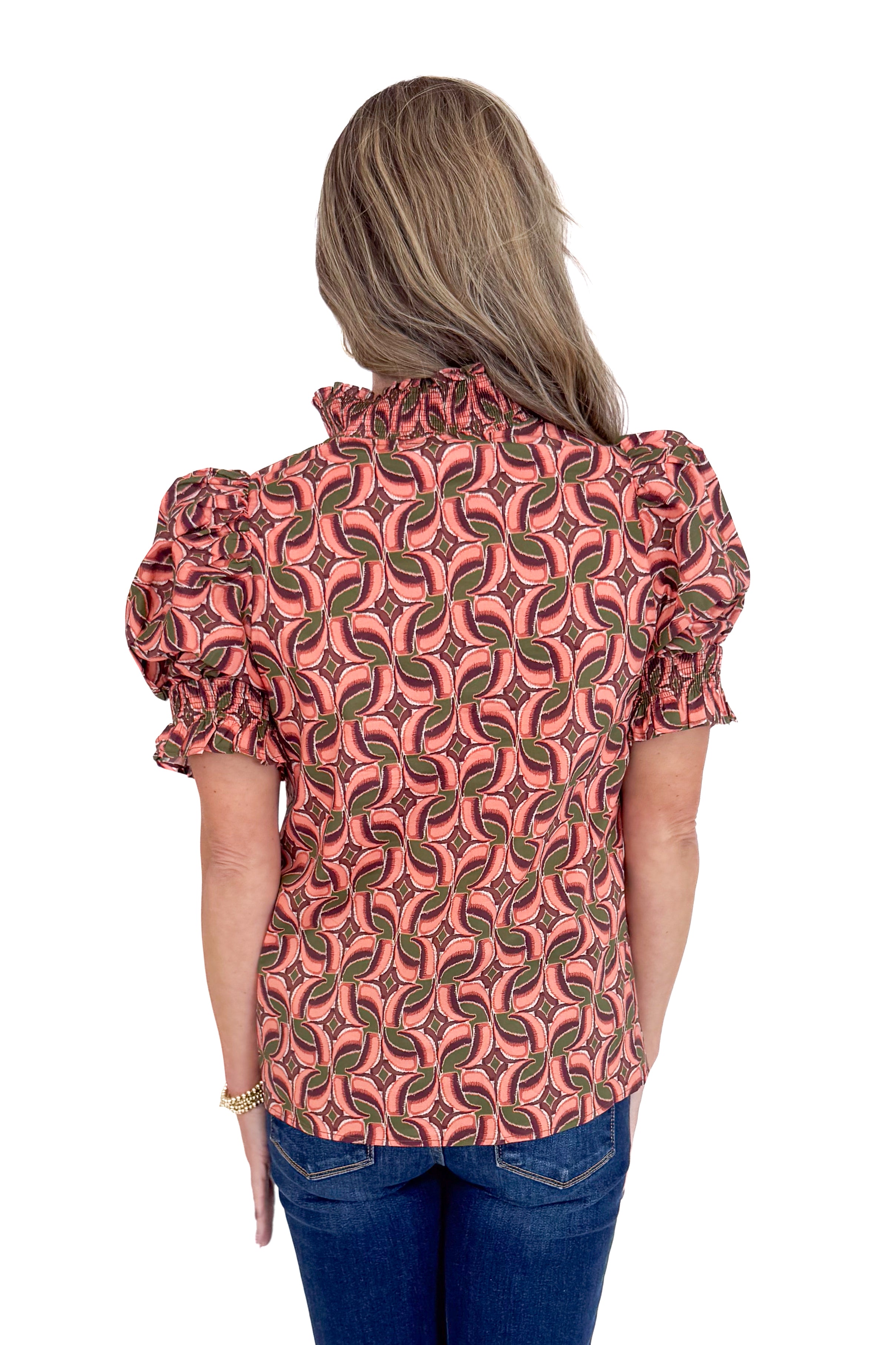 Against The Grain Terra Cotta Multi Printed Stripe Detail Top by Entro
