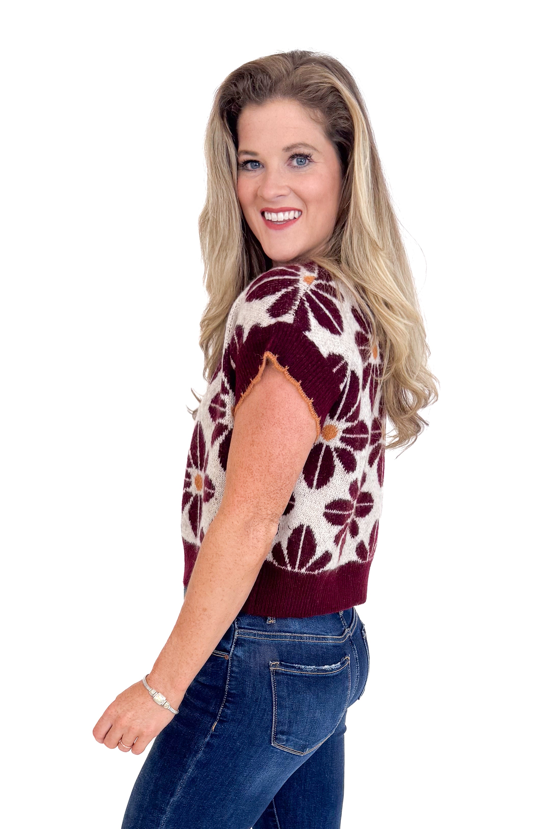 Toast To Tonight Wine Floral Print Short Sleeve Sweater by Entro