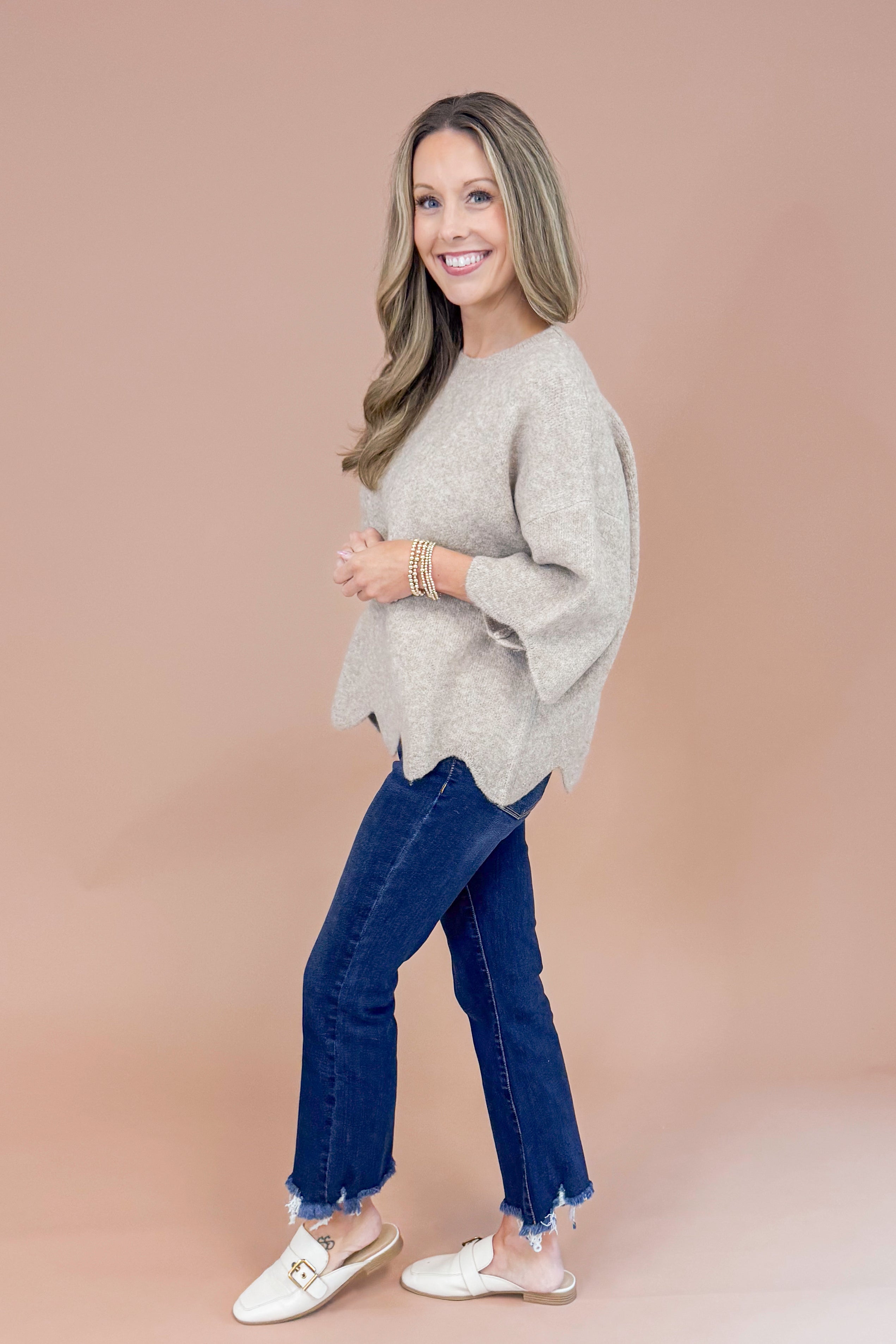 Good As Gold Taupe Scallop Hem Short Sleeve Sweater