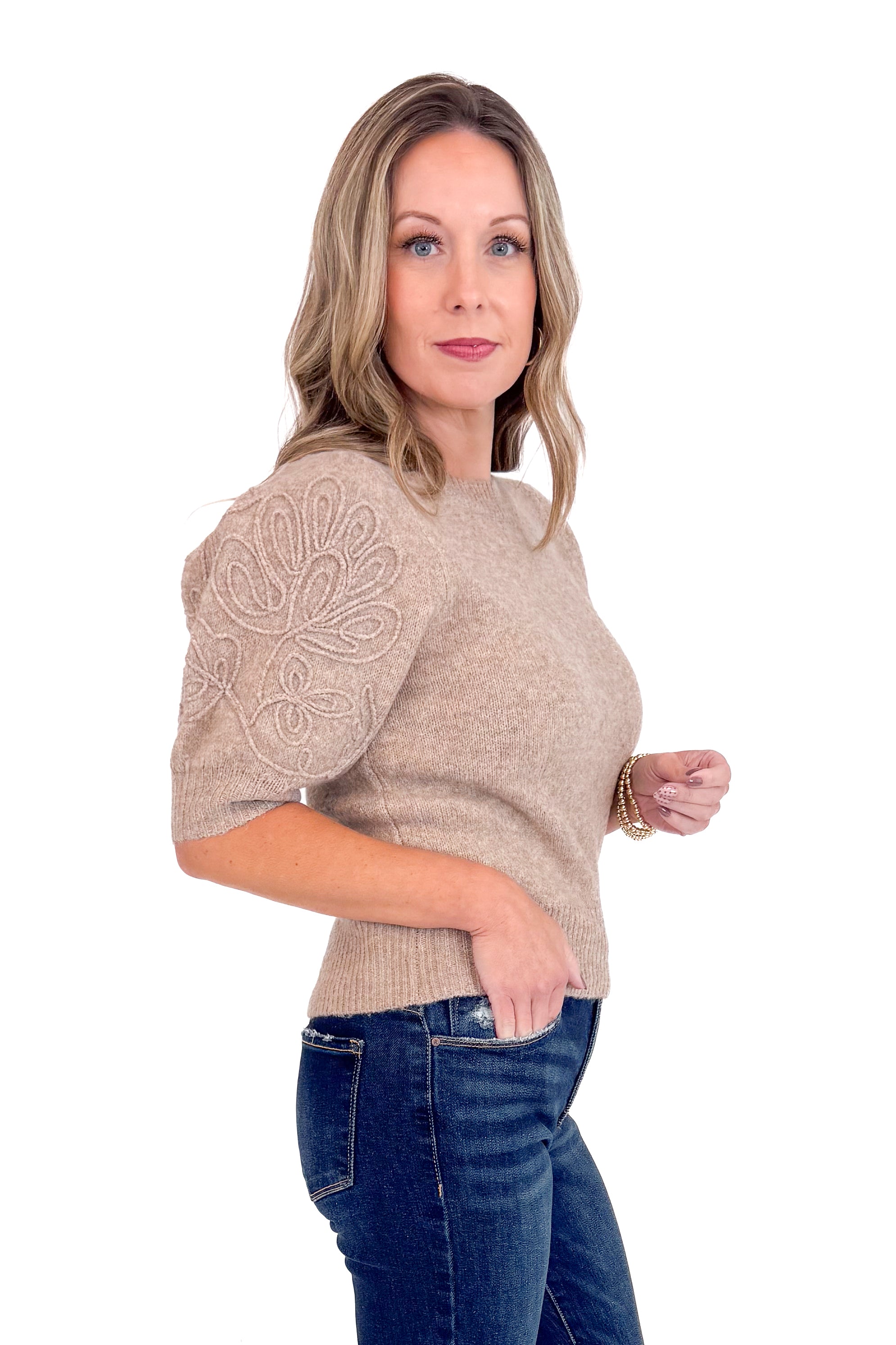 Crush Season Mocha Embroidered Short Sleeve Sweater by Entro