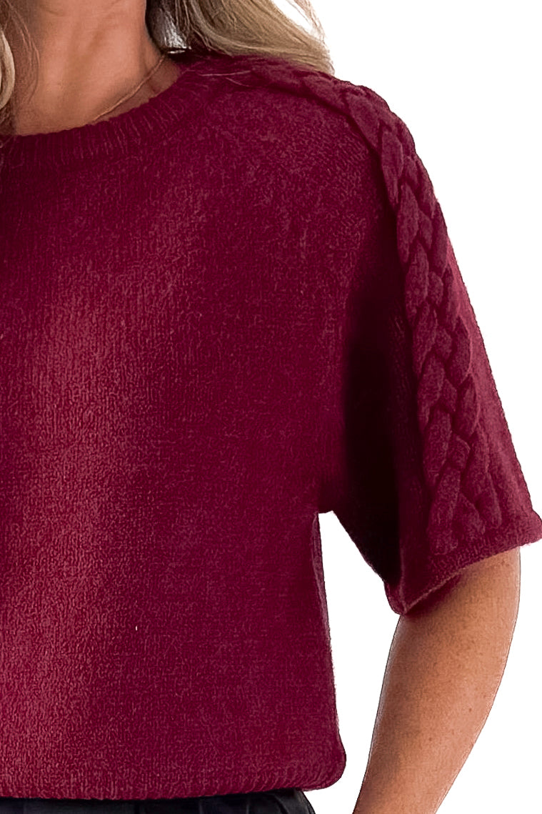 Front detailed view of woman wearing Burgundy Braid Detail Short Sleeve Sweater with black pants against white studio background.