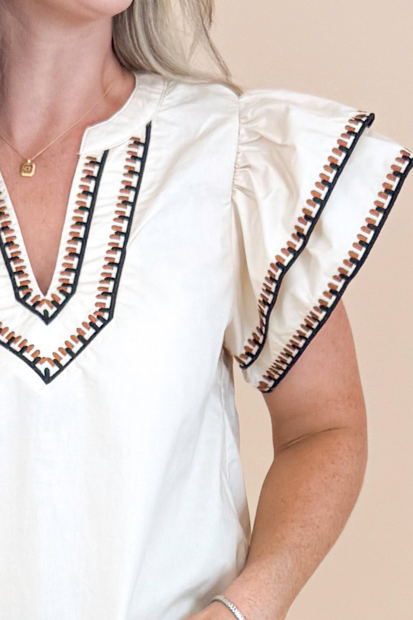 Roaming The Halls Taupe With Embroidered Sleeve Flutter Sleeve Top by Entro