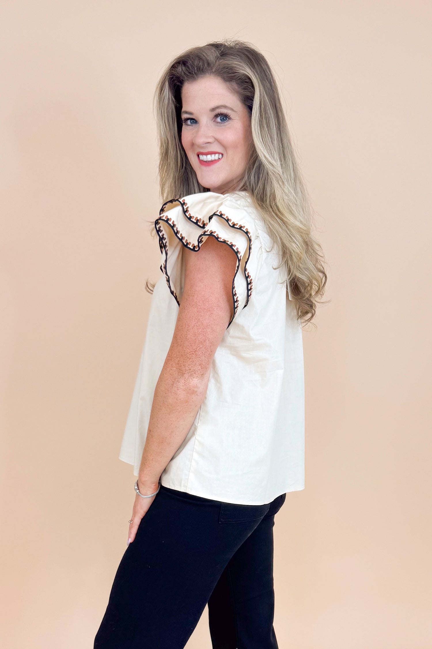 Roaming The Halls Taupe With Embroidered Sleeve Flutter Sleeve Top by Entro