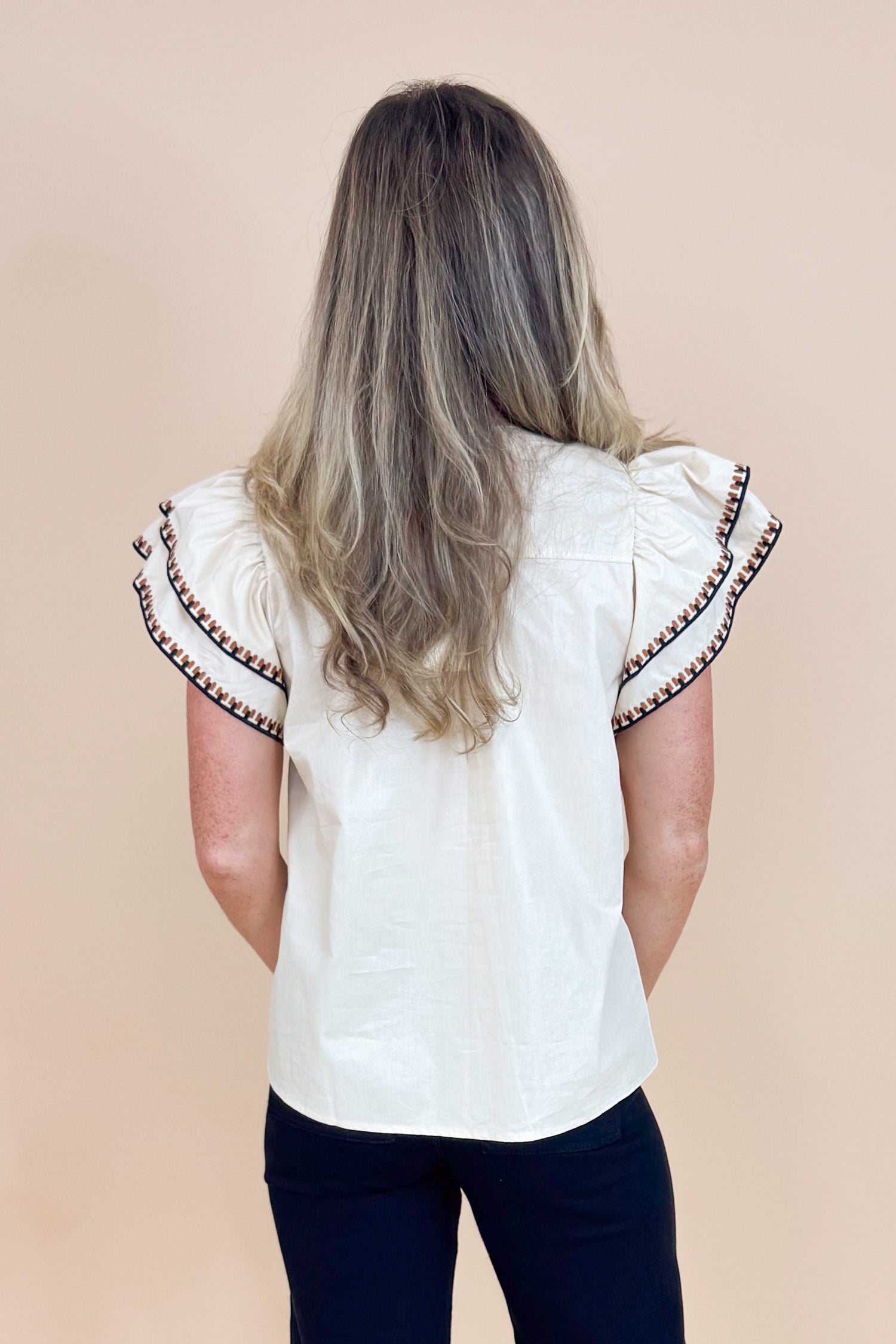 Roaming The Halls Taupe With Embroidered Sleeve Flutter Sleeve Top by Entro