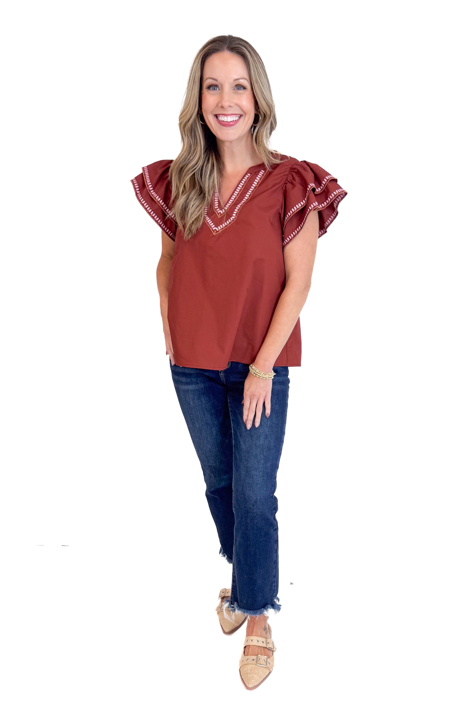 Roaming The Halls Brick With Embroidered Flutter Sleeve Top by Entro