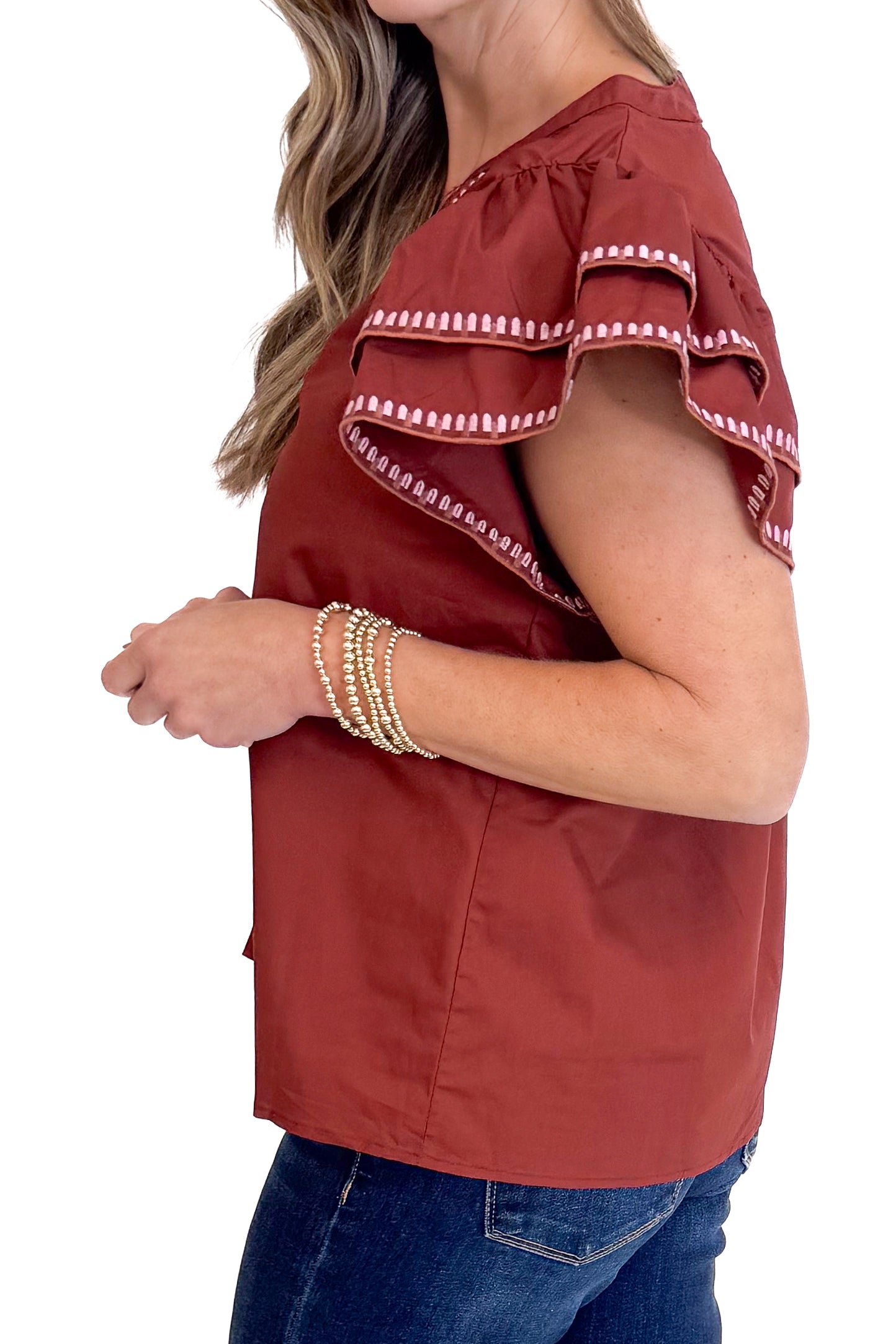 Roaming The Halls Brick With Embroidered Flutter Sleeve Top by Entro