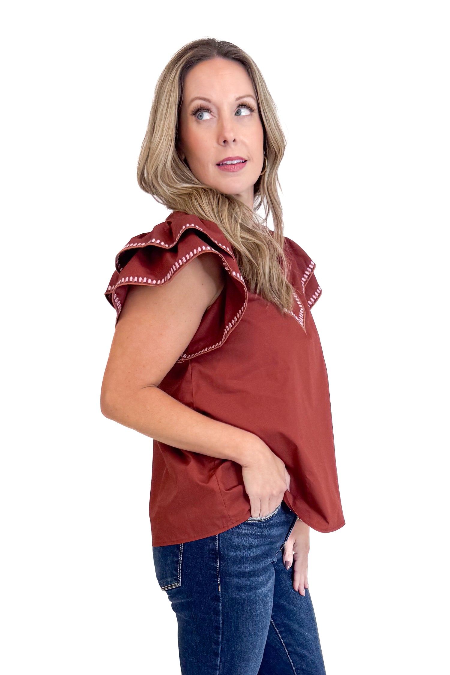 Roaming The Halls Brick With Embroidered Flutter Sleeve Top by Entro