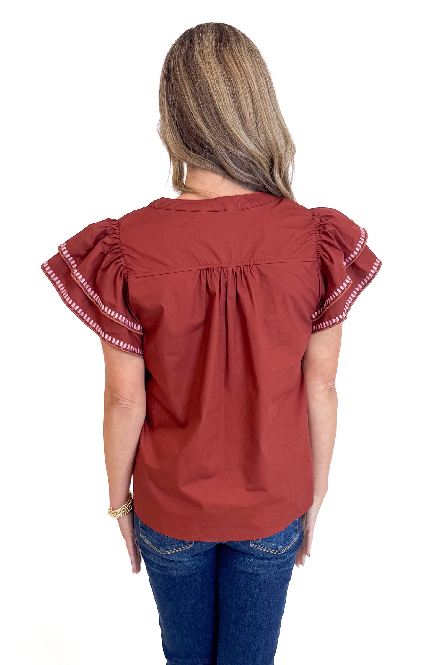 Roaming The Halls Brick With Embroidered Flutter Sleeve Top by Entro