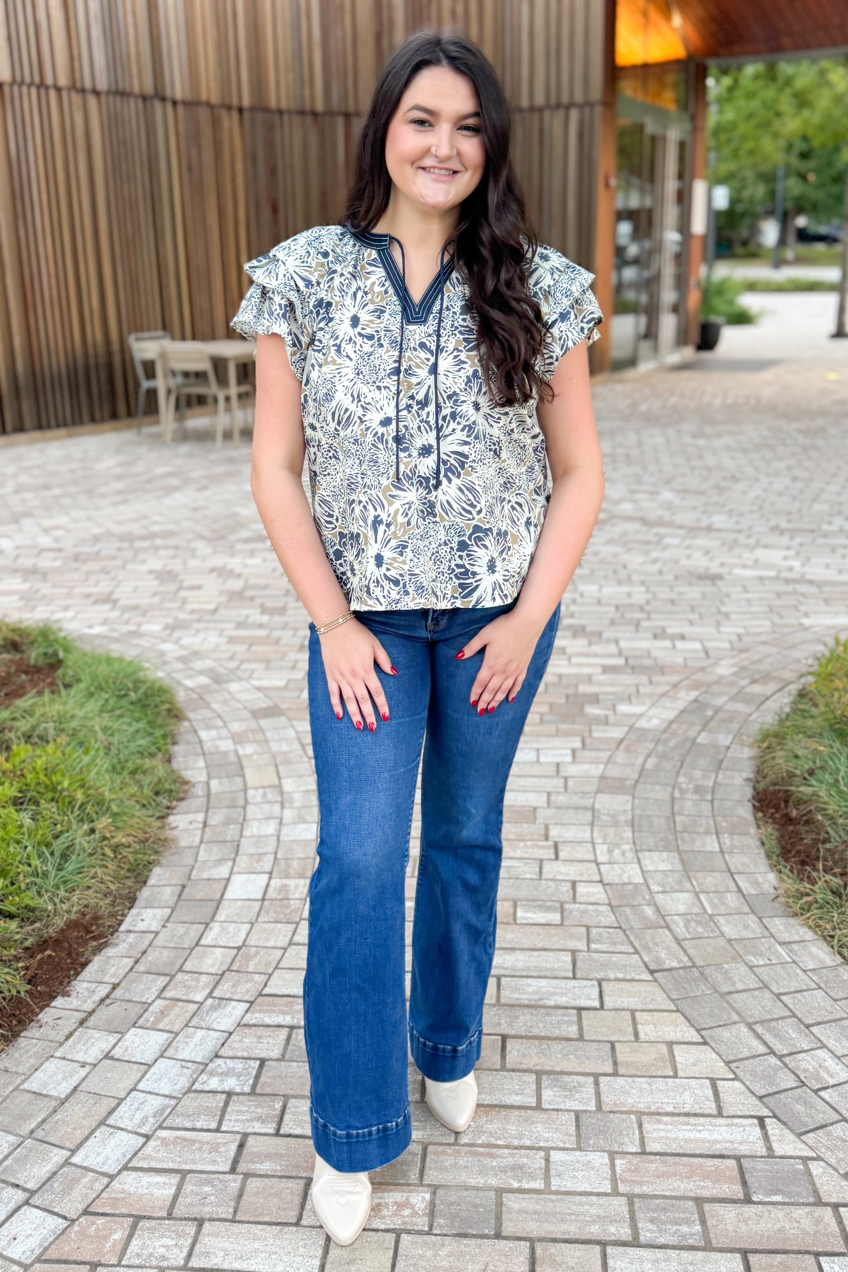 Fly Away Navy & Taupe Floral Printed V-neck Top by Entro