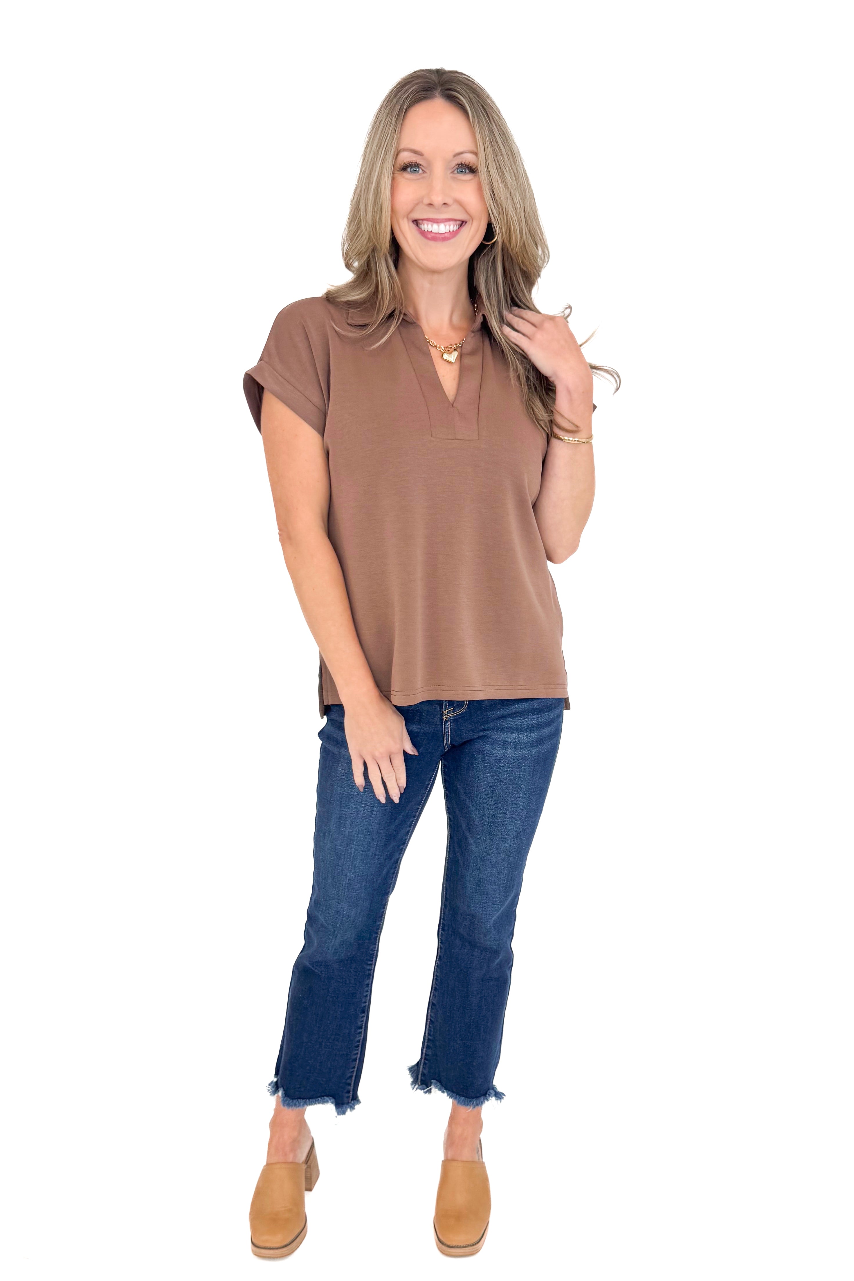 In The Real World Coffee Collared V-neck Top by Entro
