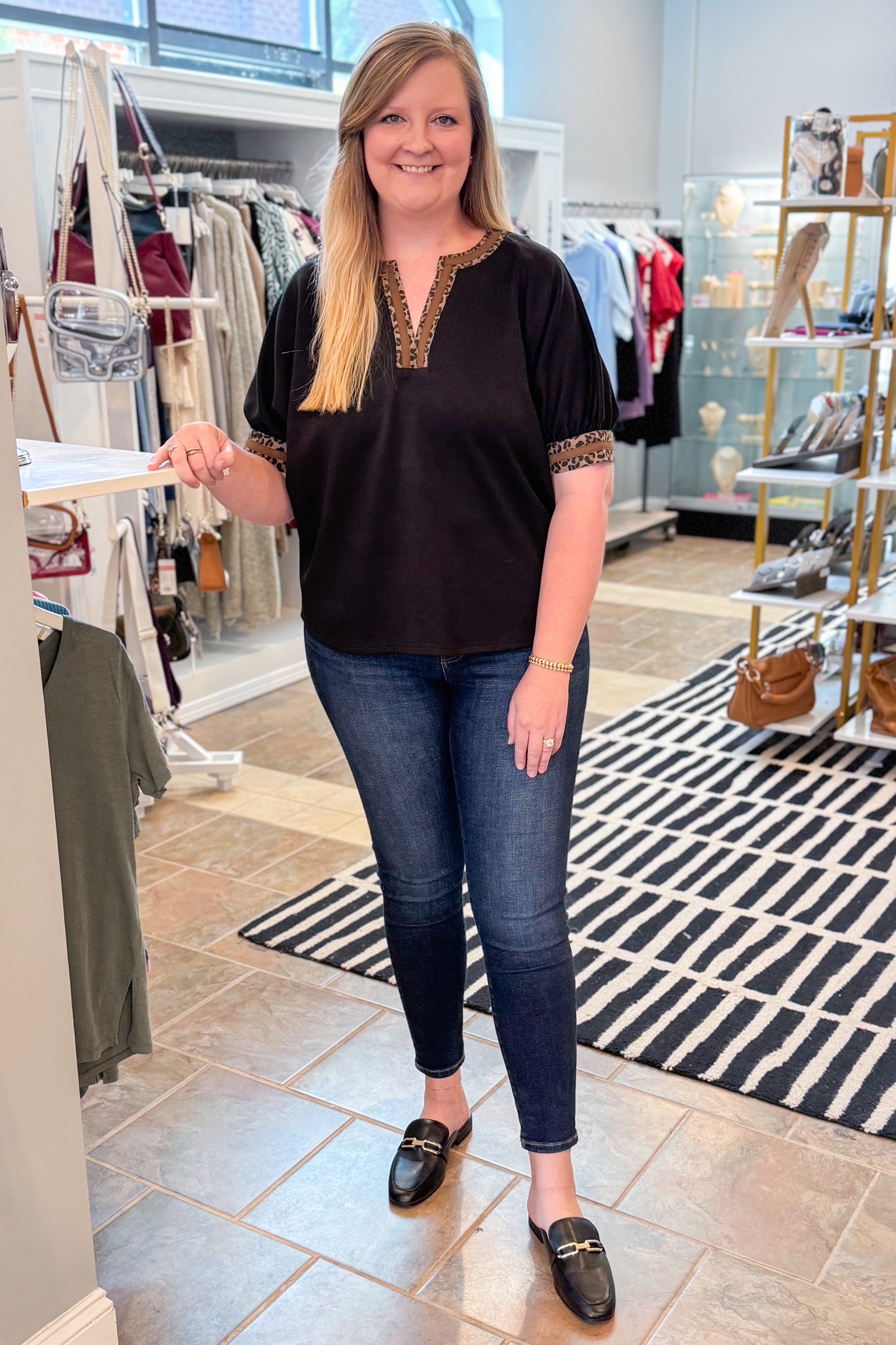 Good As Gold Black Leopard Lined V-neck Top by Entro