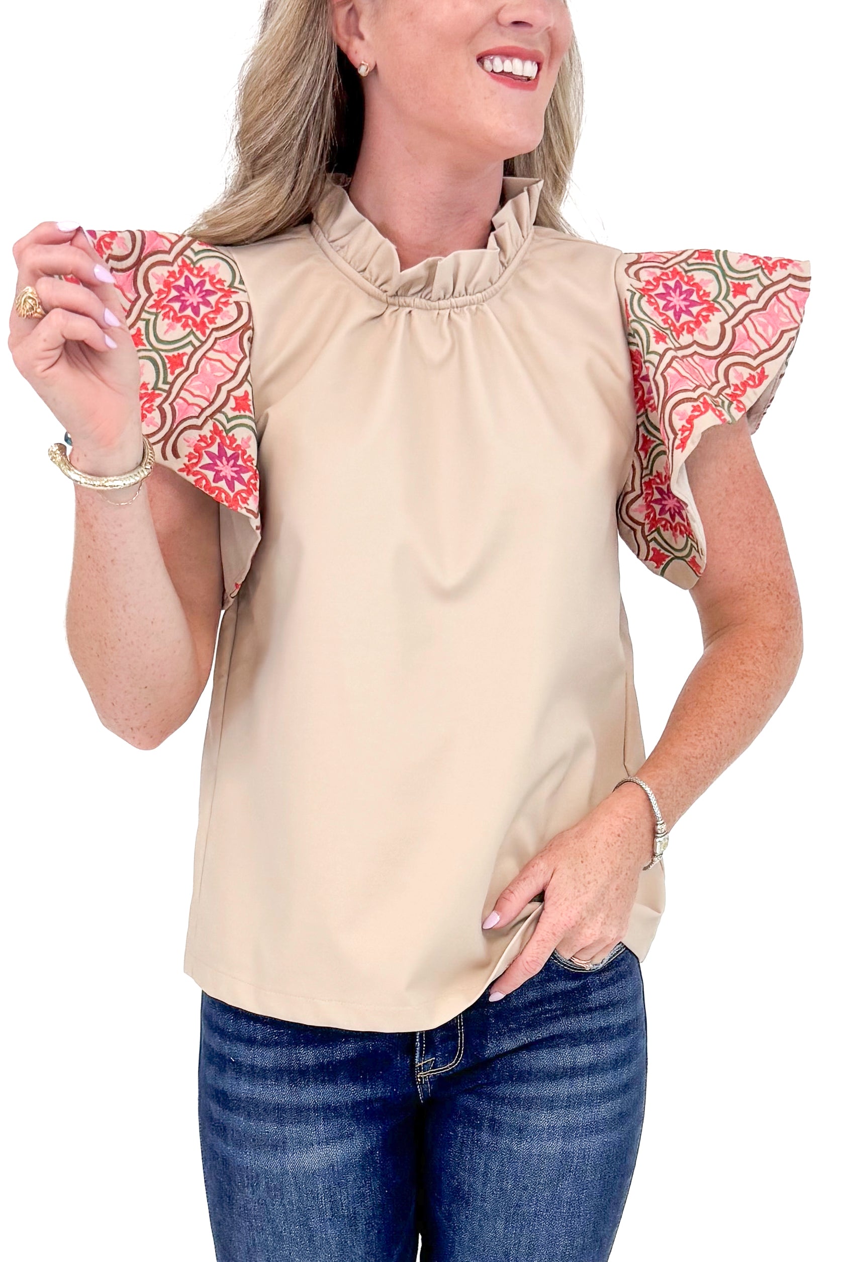 Grounds For Celebration Beige Faux Leather With Embroidered Sleeve Top by THML