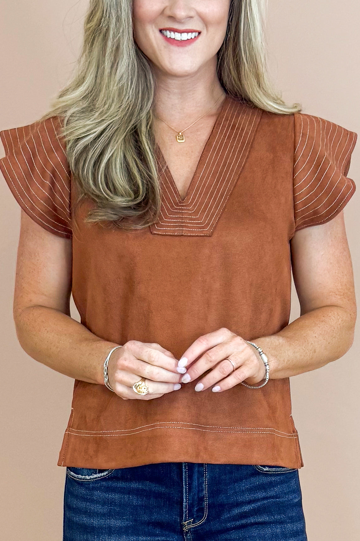 The Truth Of It Rust Suede Flutter Sleeve Top by THML
