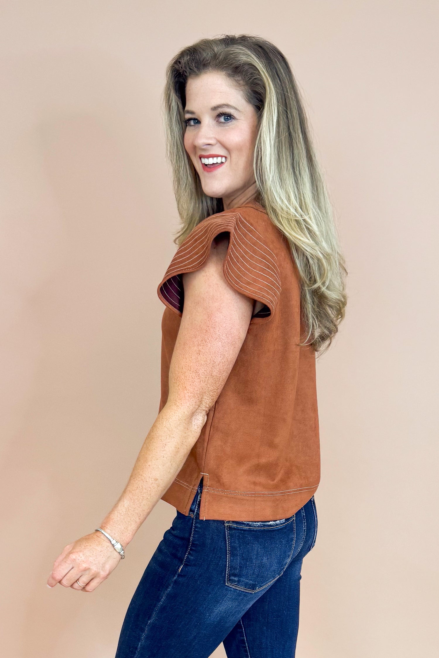 The Truth Of It Rust Suede Flutter Sleeve Top by THML