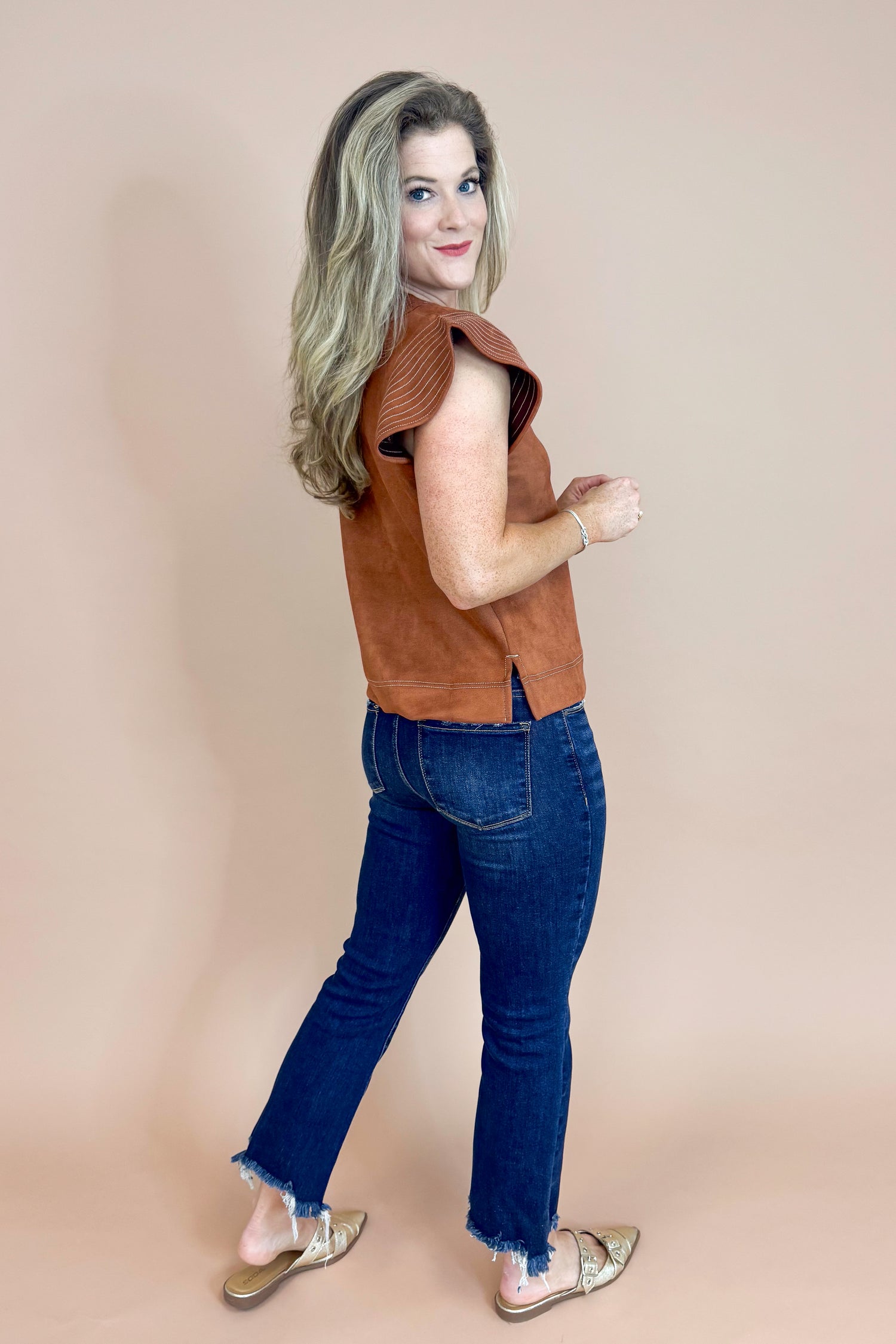 The Truth Of It Rust Suede Flutter Sleeve Top by THML